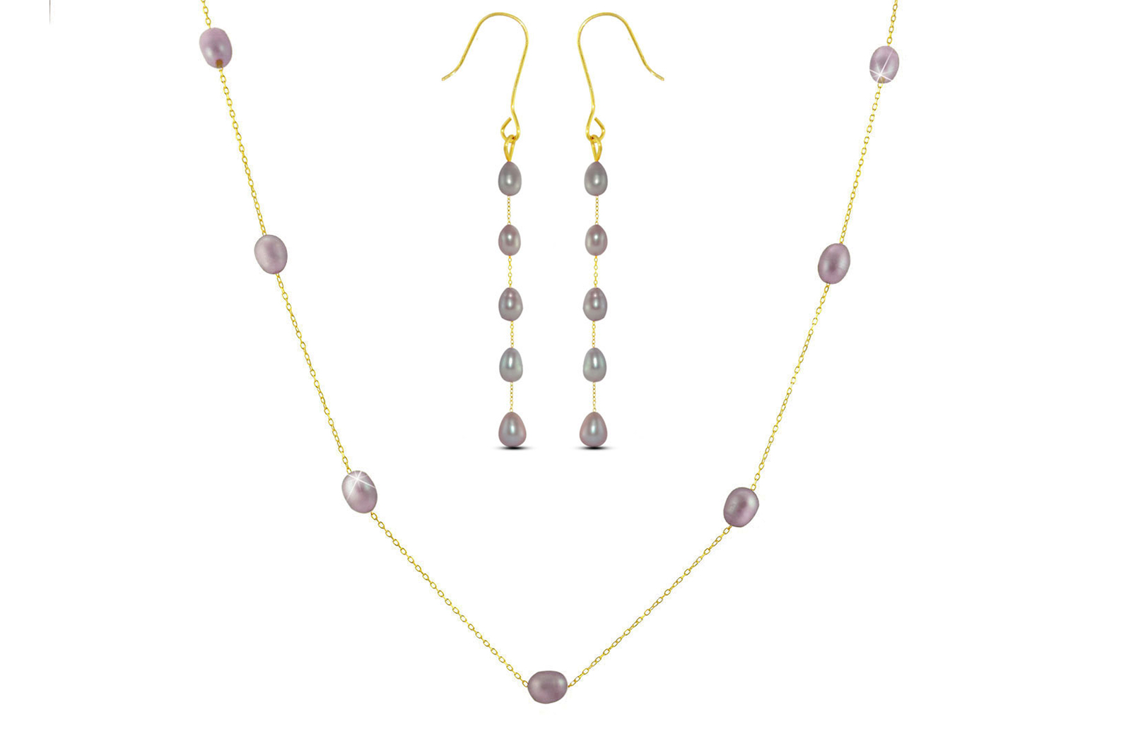 Vera Perla 18K Gold Purple  Pearls Jewelry Set - 2 pcs.