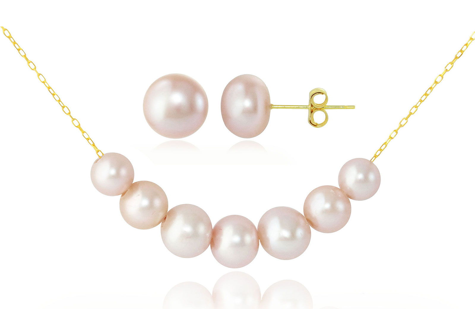 Vera Perla  18k Solid Gold 5-7mm gradual  Light Purple Pearl Necklace+ 18k Gold 7mm Pearl Earrings 