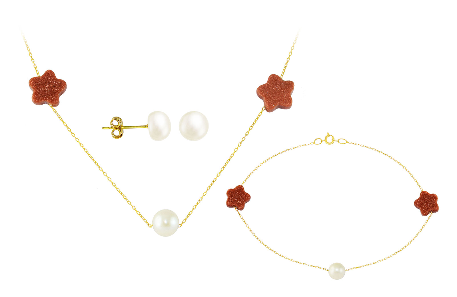 Vera Perla 10K  Solid Gold Star Sunstones and Pearl Necklace and Bracelet + 10K  Gold 7mm Pearl Earrings 