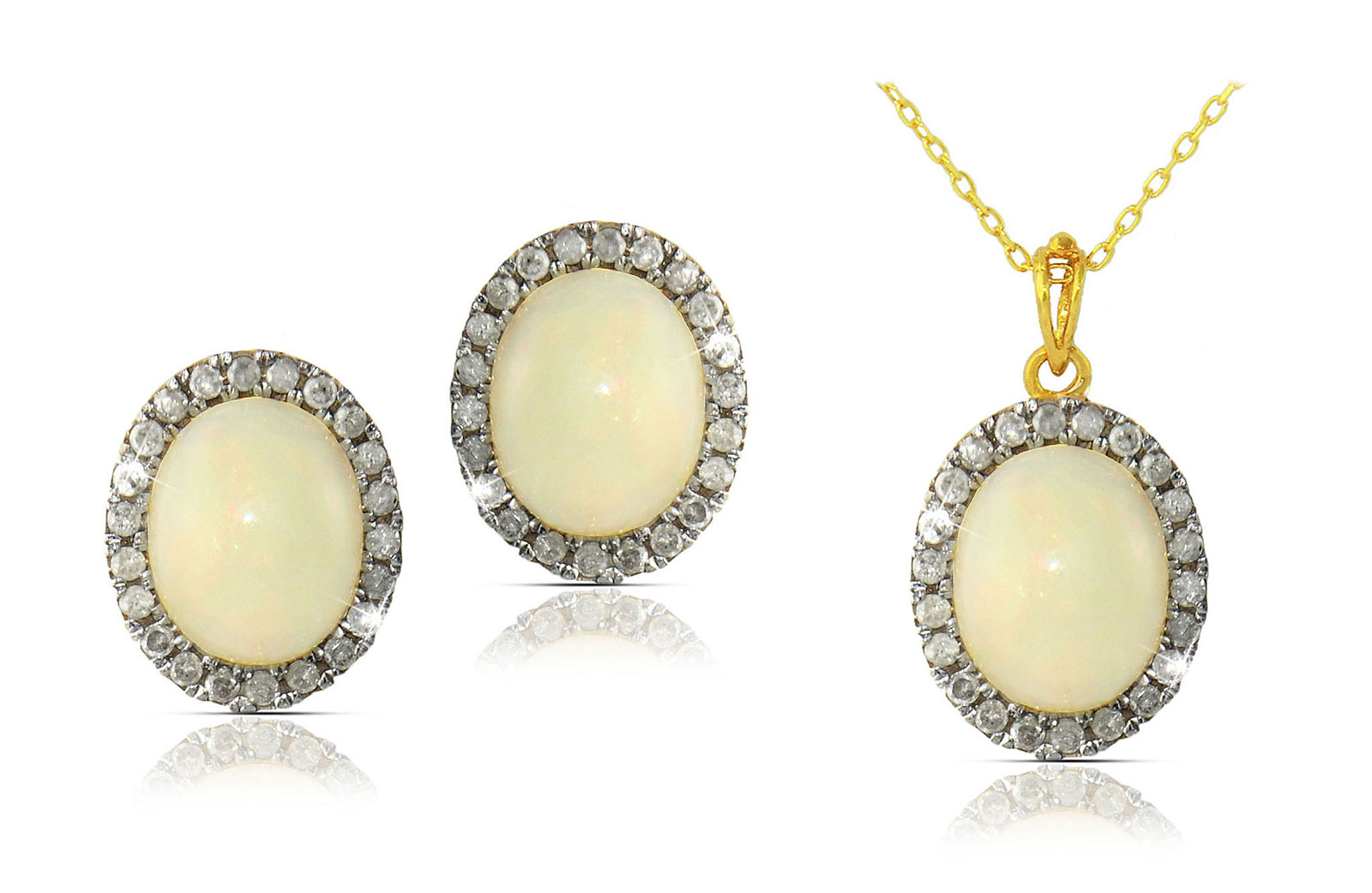 Vera Perla 10k Gold, 0.66Cts Diamonds, Oval Opal Necklace and Earrings Set