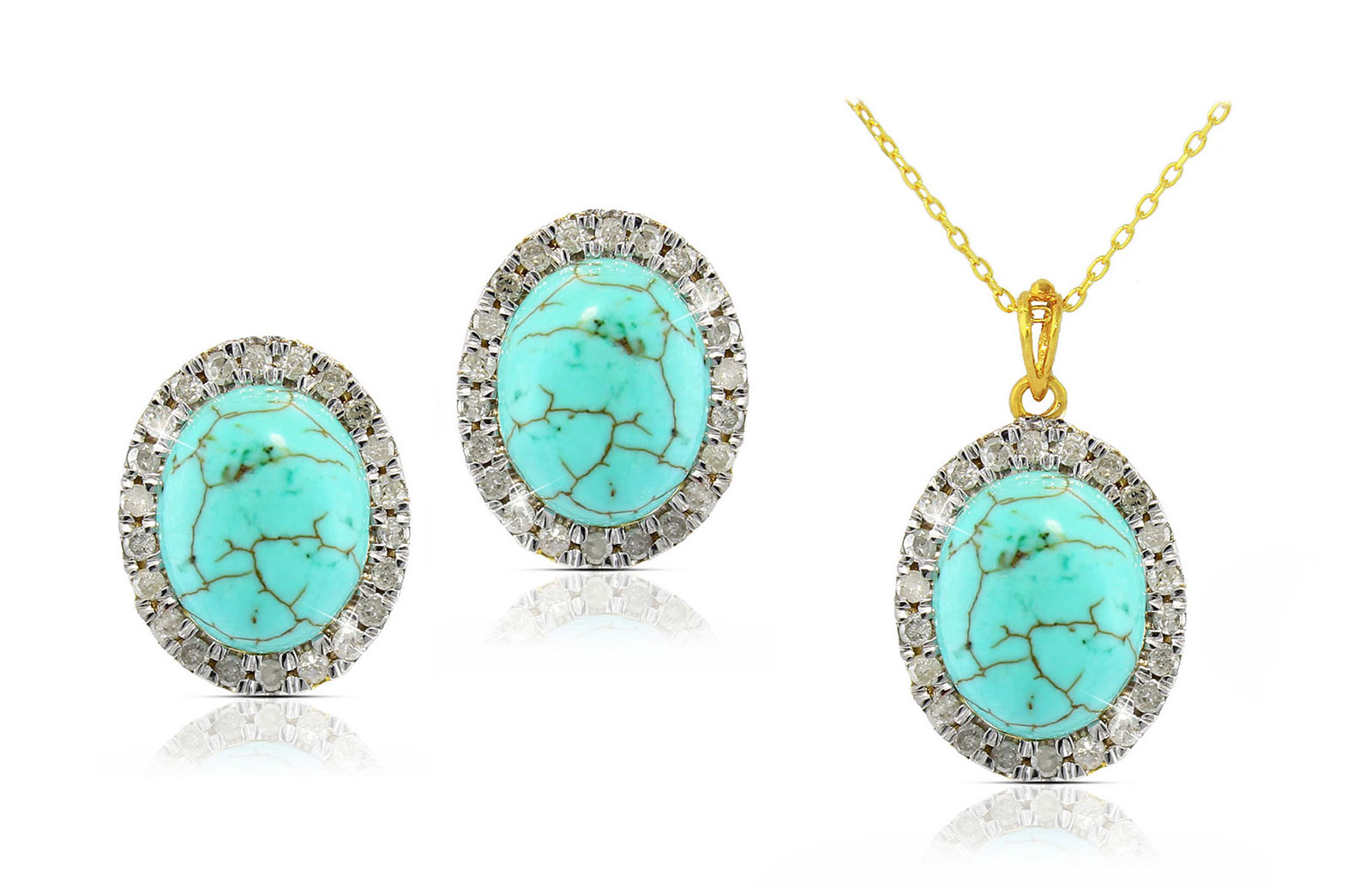 Vera Perla 10k Gold, 0.66Cts Diamonds, Oval Turquoise Necklace & Earrings