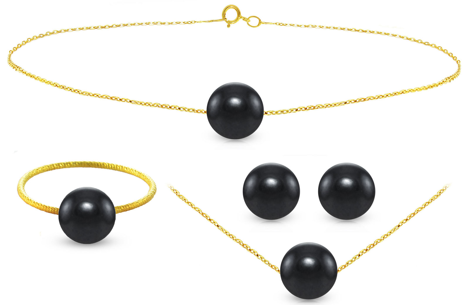 Vera Perla 10k Gold, 7mm Black Pearls Necklace, Bracelet, Ring & Earrings