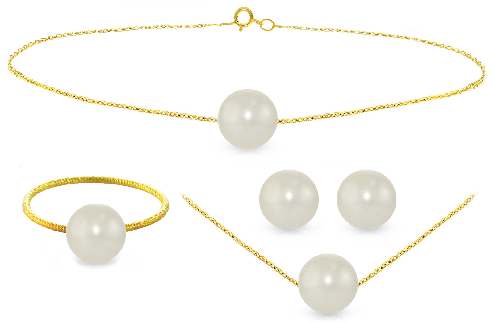 Vera Perla 10k Gold, 7mm White Pearls Necklace, Bracelet, Ring & Earrings