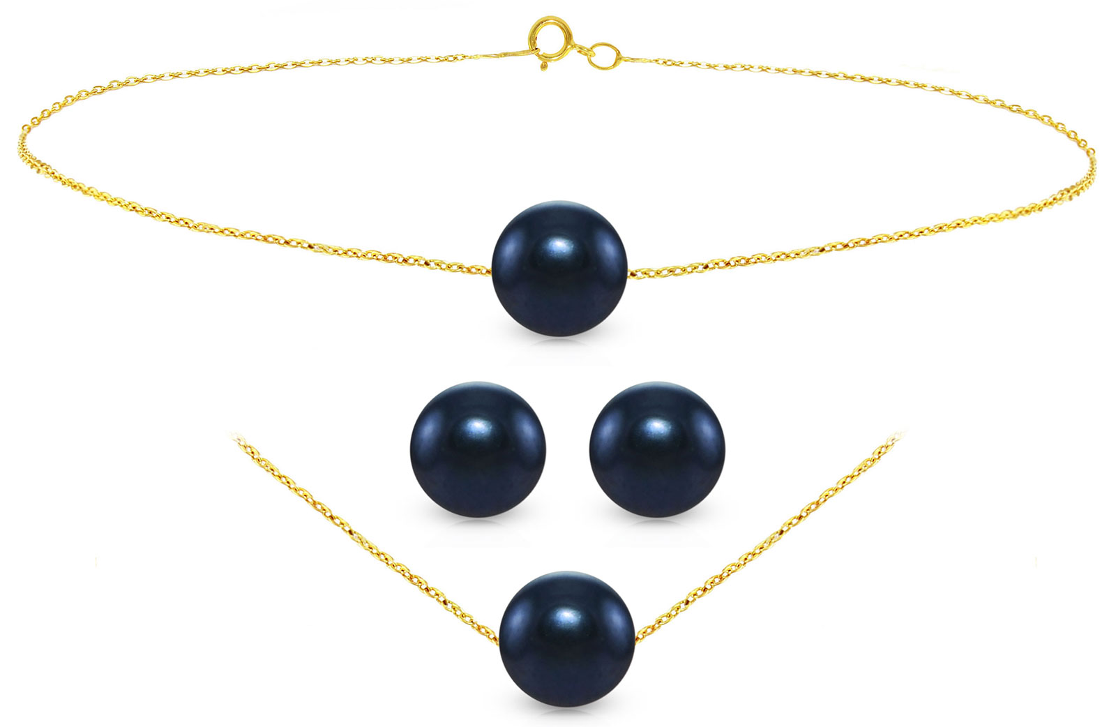 Vera Perla 10K Gold Simple 7mm Black Pearl Jewelry Set, 3 Pieces