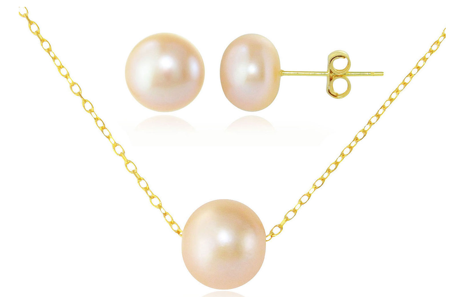 Vera Perla 10k Yellow Simple 7mm Pink-Peach  Pearl  Pendant Necklace and 6-7mm Earrings Set