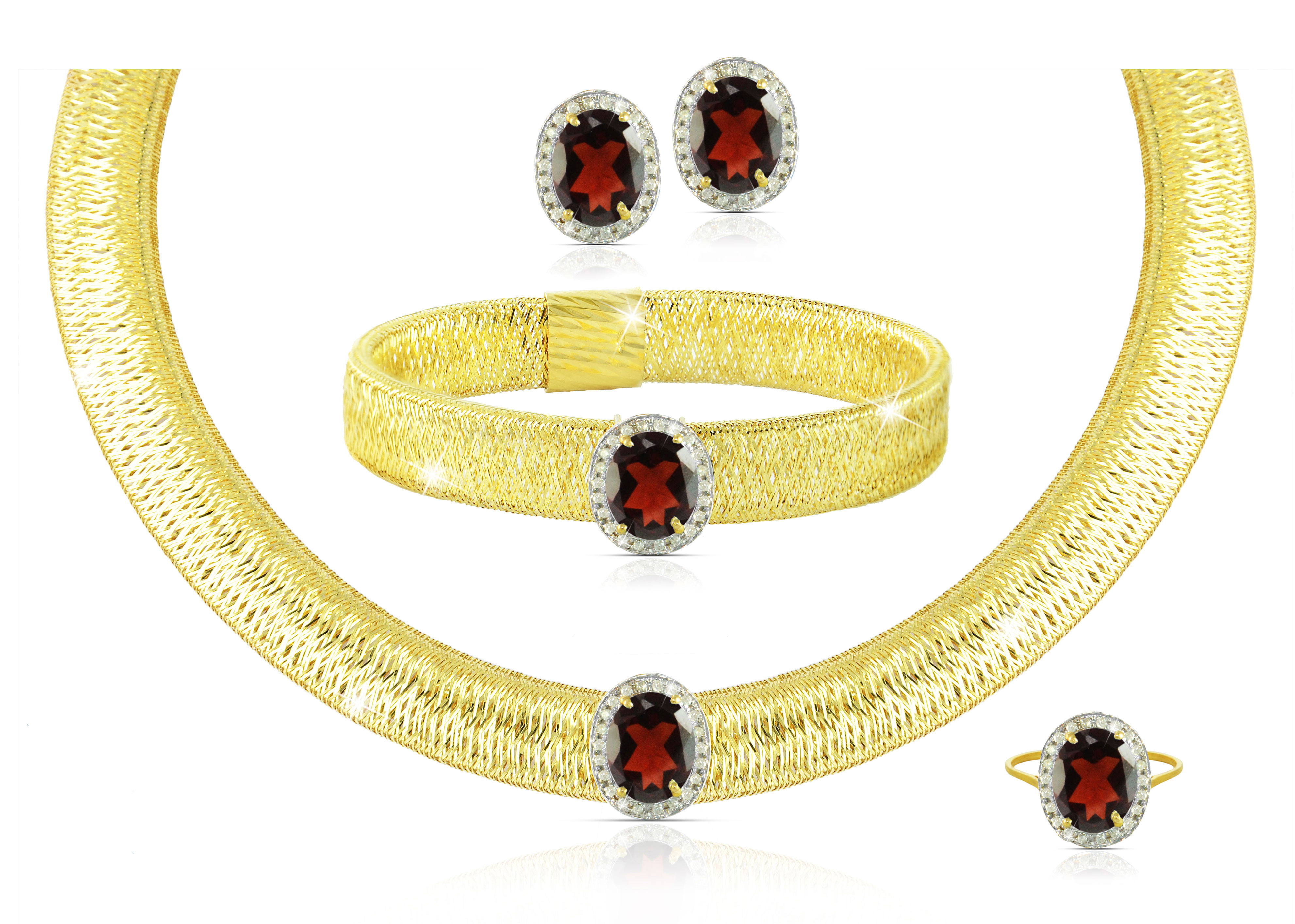 Vera Perla 18k  Gold 10mm Genuine Oval Cut Garnet 0.64Ct Genuine Diamonds Jewelry Set, 4 pcs