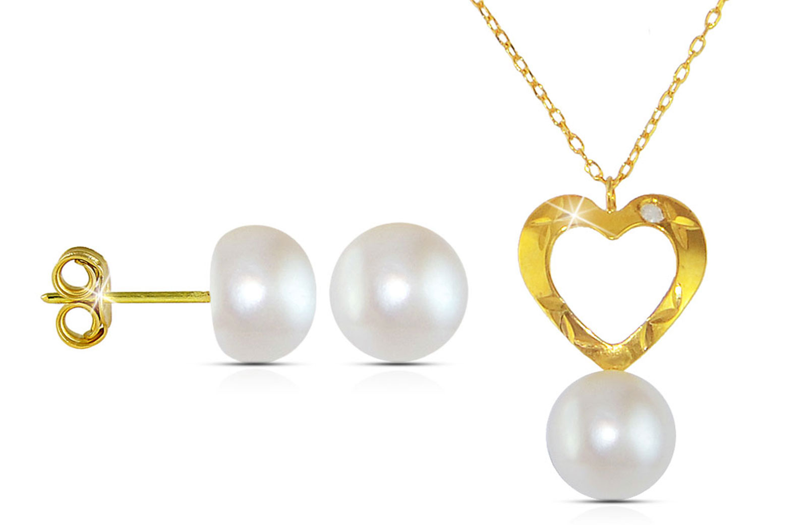 Vera Perla 18K Gold  Diamond and Pearl Heart Pendant with 10K Gold Earrings and Chain