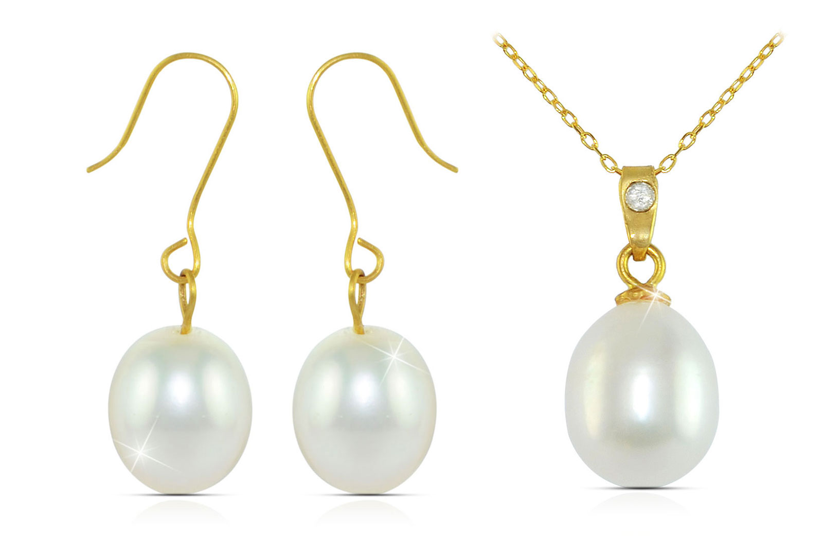 Vera Perla 18K Gold  Diamond and Pearl Pendant with 10K Gold Earrings and Chain