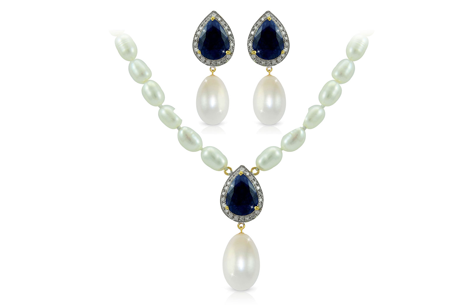 Vera Perla 18K Gold 0.36ct Diamonds, Royal Indian Sapphire and 13mm Pearl 2 pcs set