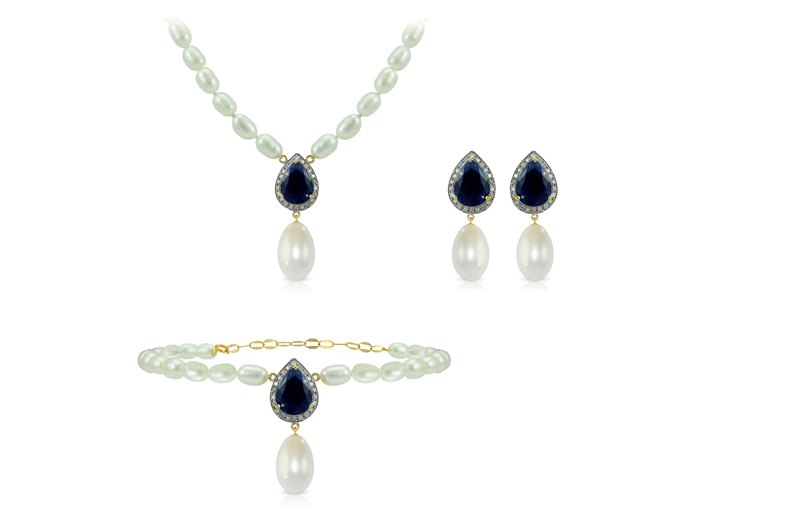 Vera Perla 18K Gold 0.48ct Diamonds, Royal Indian Sapphire and 13mm Pearl 3 pcs set