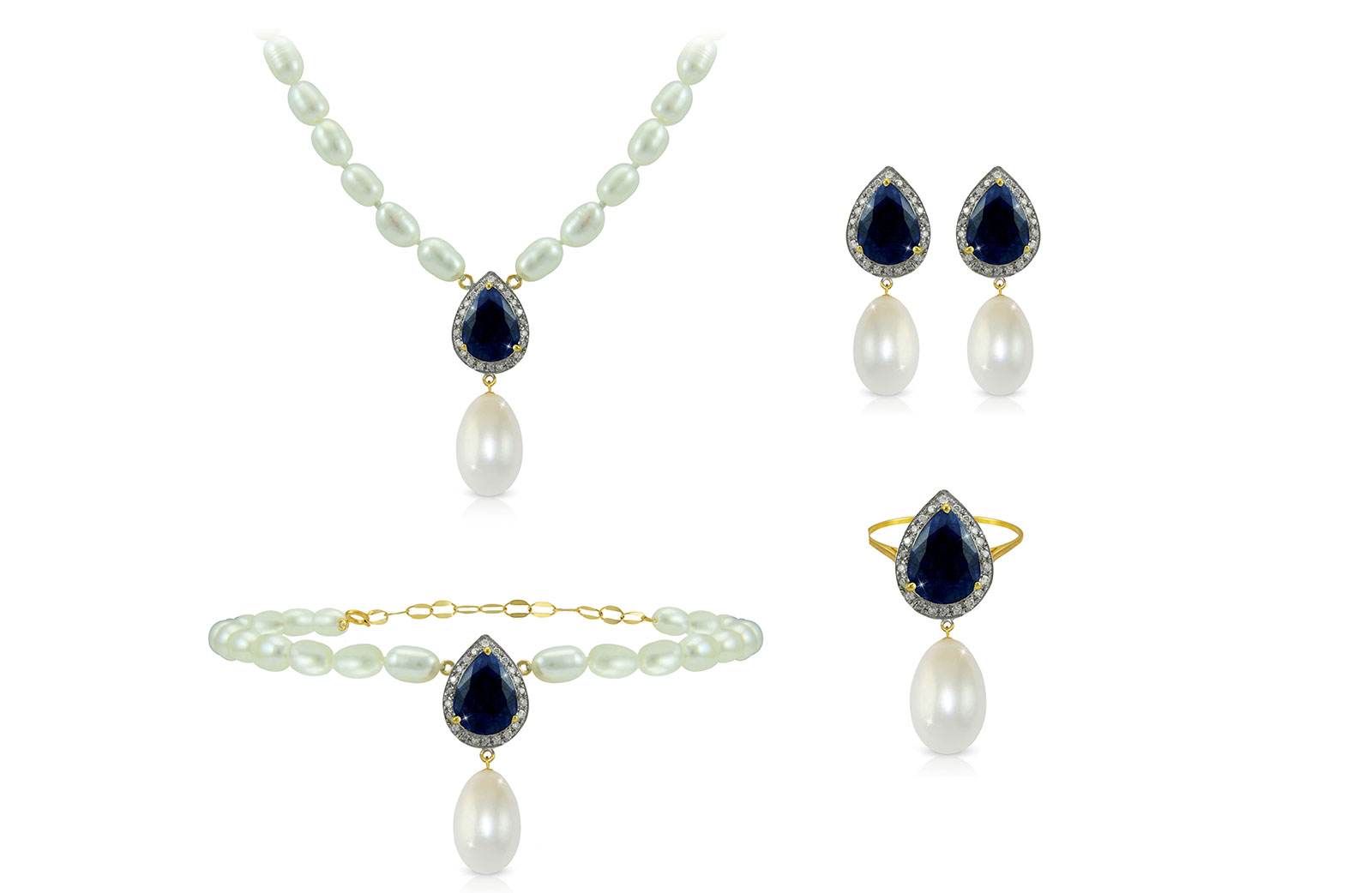 Vera Perla 18K Gold 0.60ct Diamonds, Royal Indian Sapphire and 13mm Pearl 4 pcs set