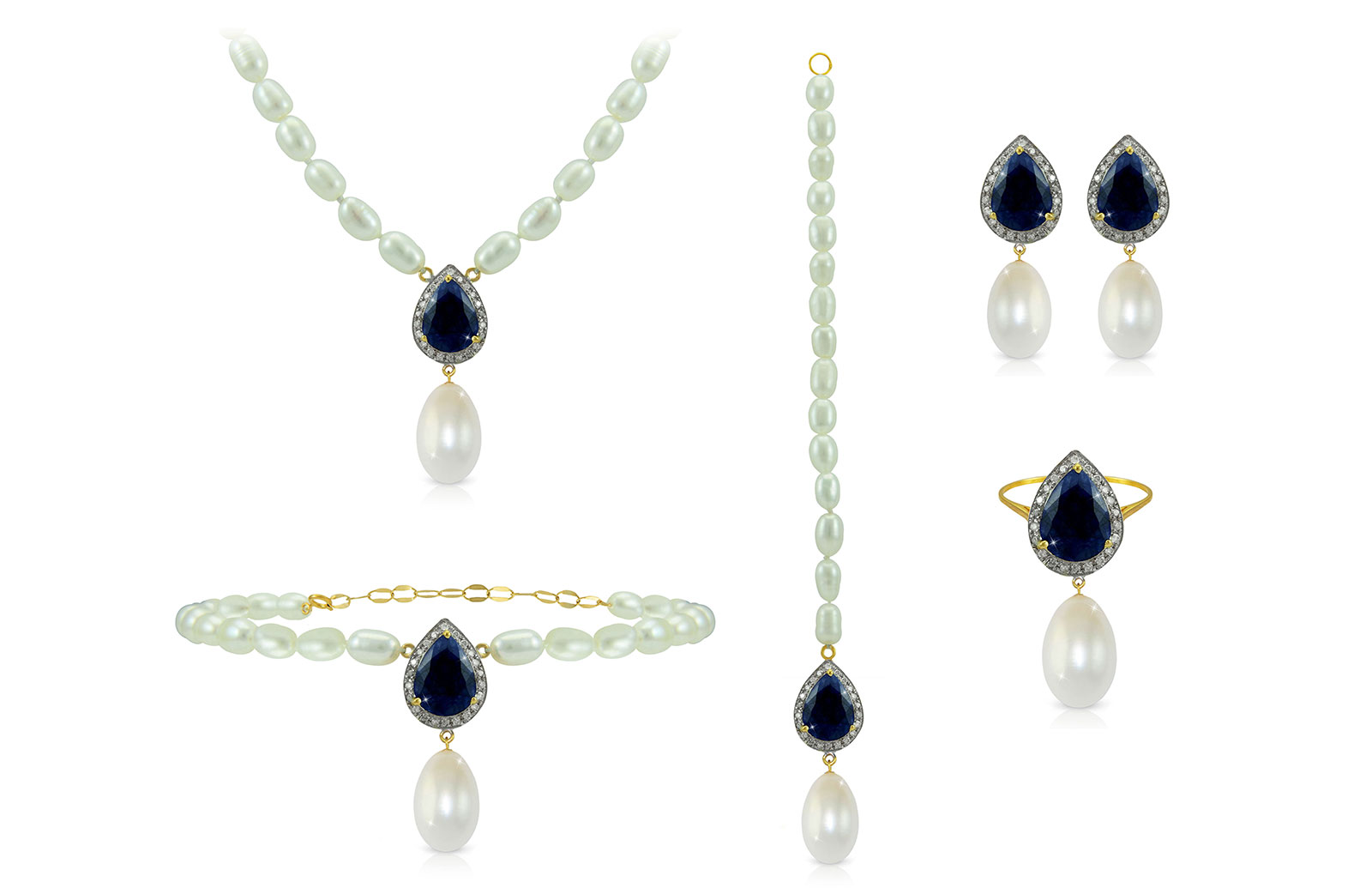 Vera Perla 18K Gold 0.72ct Diamonds, Royal Indian Sapphire and 13mm Pearl  5 pcs set