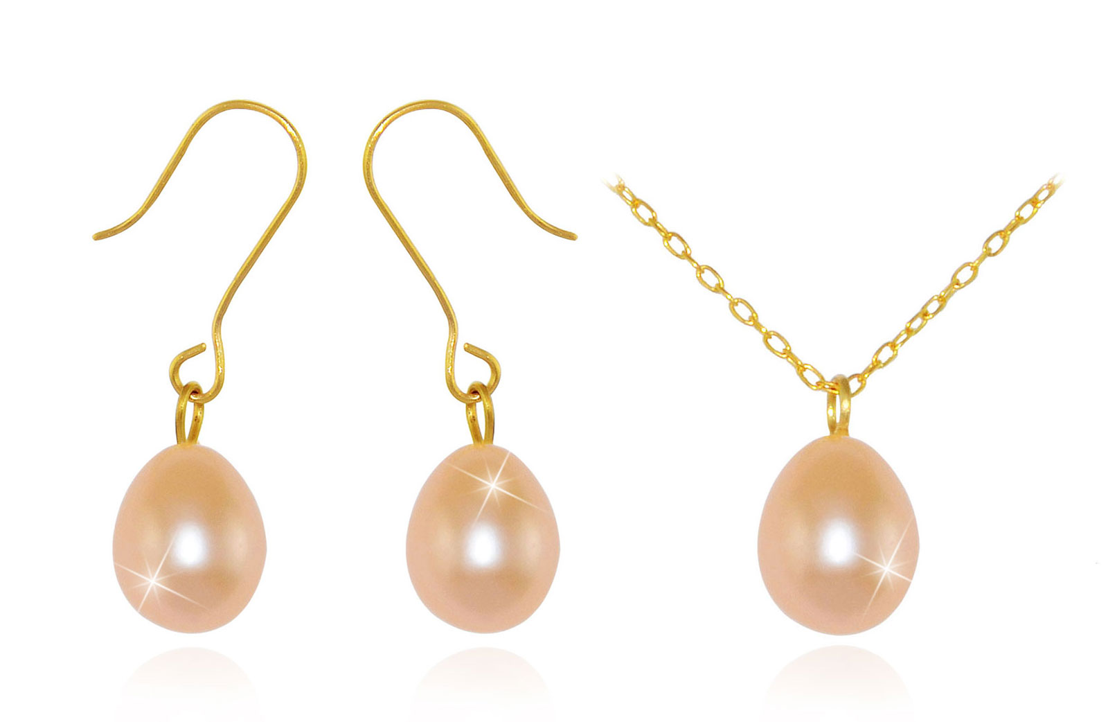 Vera Perla 18K Gold Genuine 7mm Pink  Drop Pearls Delicate Set