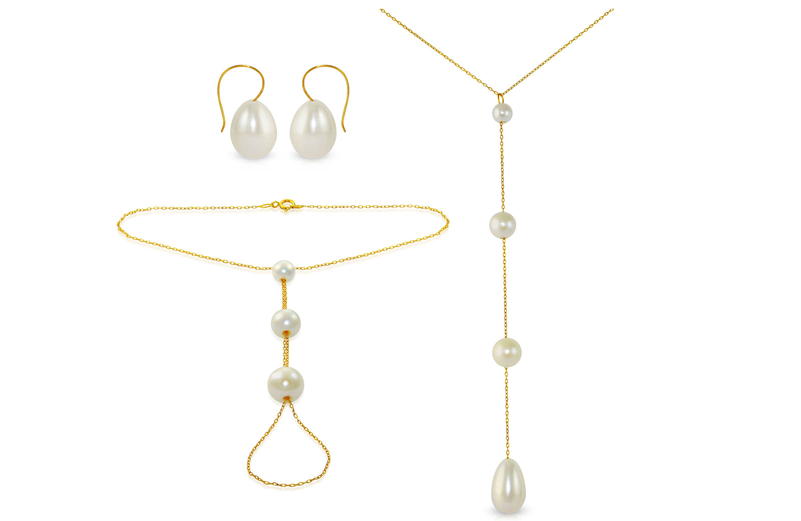 Vera Perla 18K Gold Gradual Built-in with Drop Pearl Jewelry Set, 3 pcs