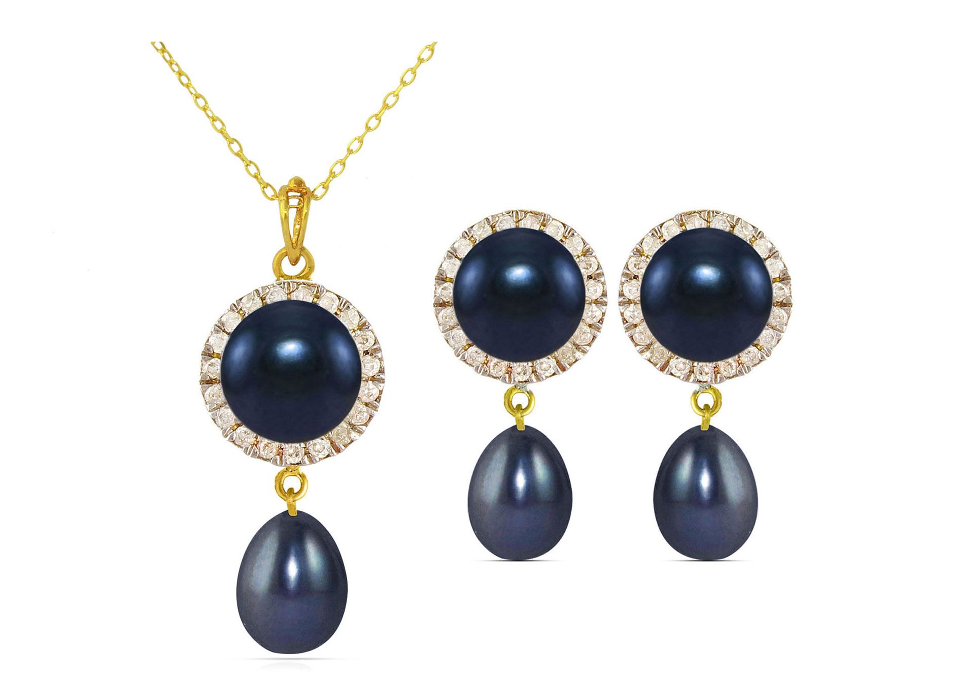 Vera Perla 18K Solid Gold 0.30ct Genuine Diamonds and 6-7mm Black Pearl Jewelry Set, 2 Pcs