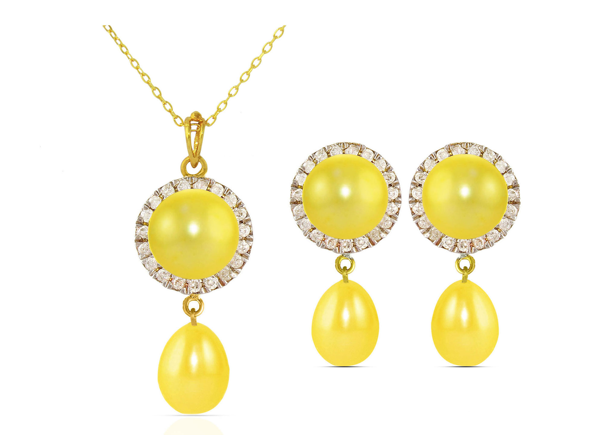 Vera Perla 18K Solid Gold 0.30ct Genuine Diamonds and 6-7mm Golden Pearl Jewelry Set, 2 Pcs