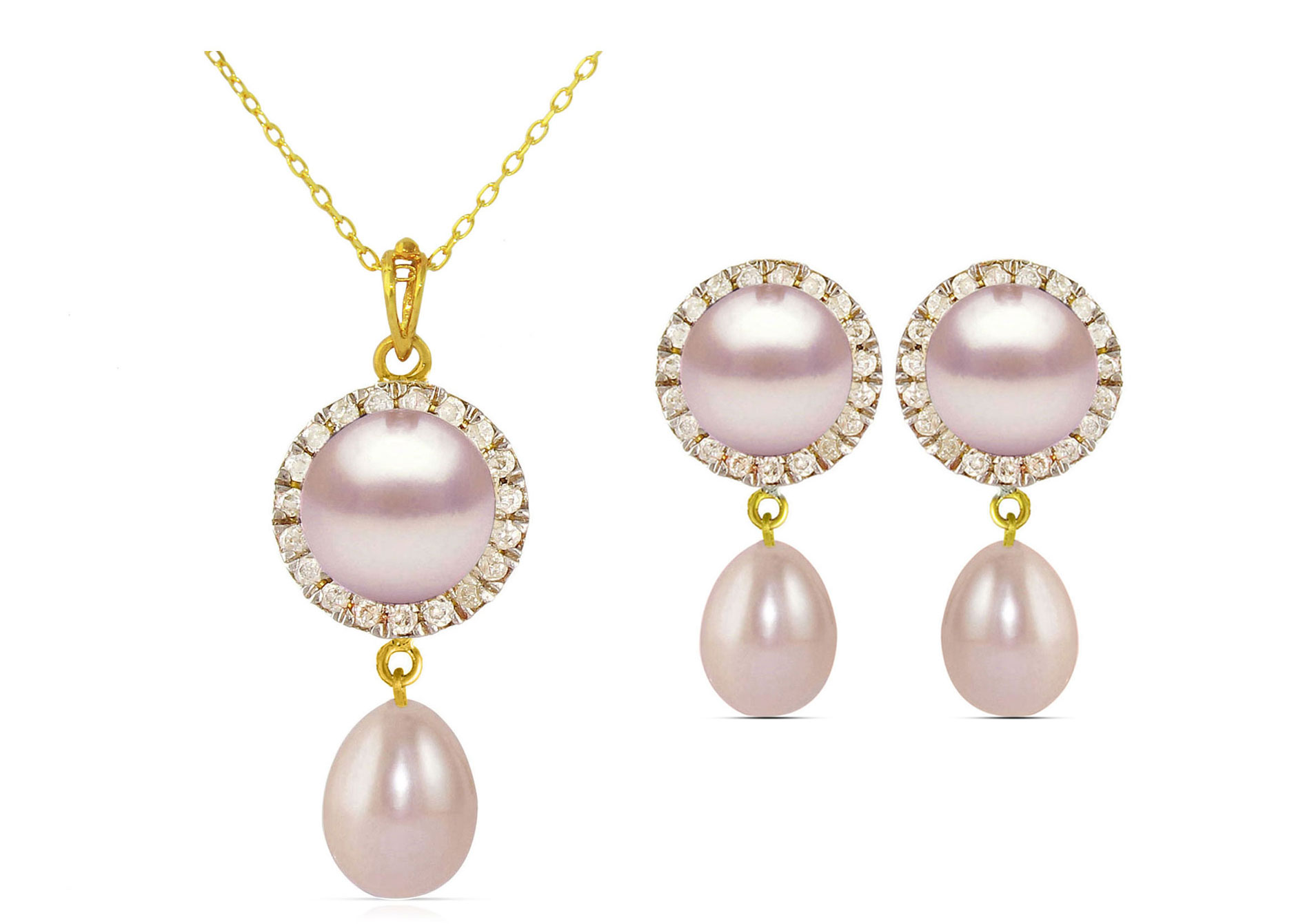 Vera Perla 18K Solid Gold 0.30ct Genuine Diamonds and 6-7mm Purple Pearl Jewelry Set, 2 Pcs