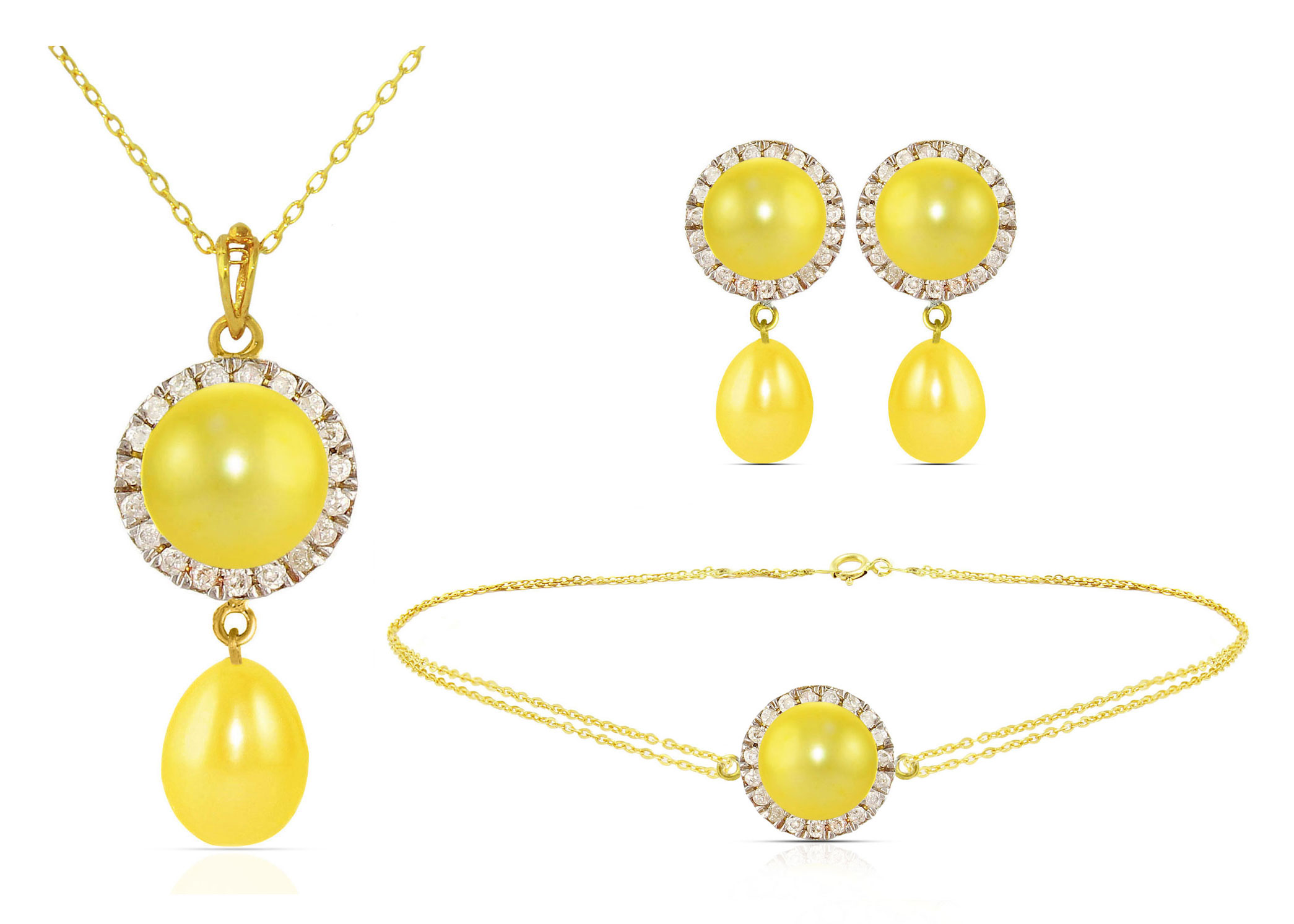 Vera Perla 18K Solid Gold 0.40ct Genuine Diamonds and 6-7mm Golden Pearl Jewelry Set,  3 Pcs