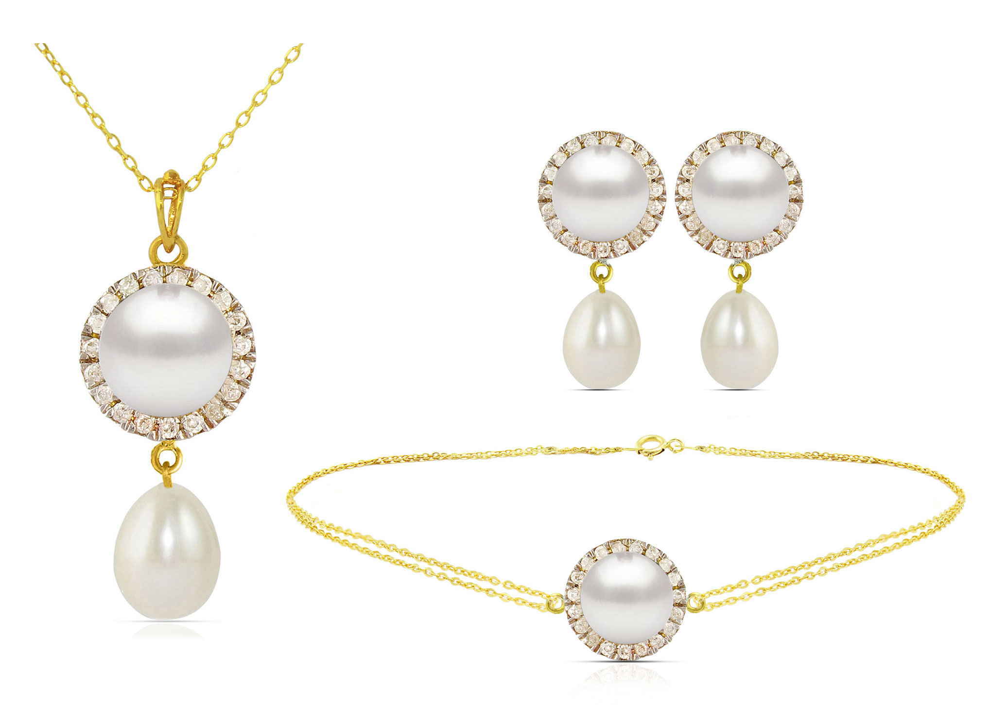 Vera Perla 18K Solid Gold 0.40ct Genuine Diamonds and 6-7mm White Pearl Jewelry Set,  3 Pcs