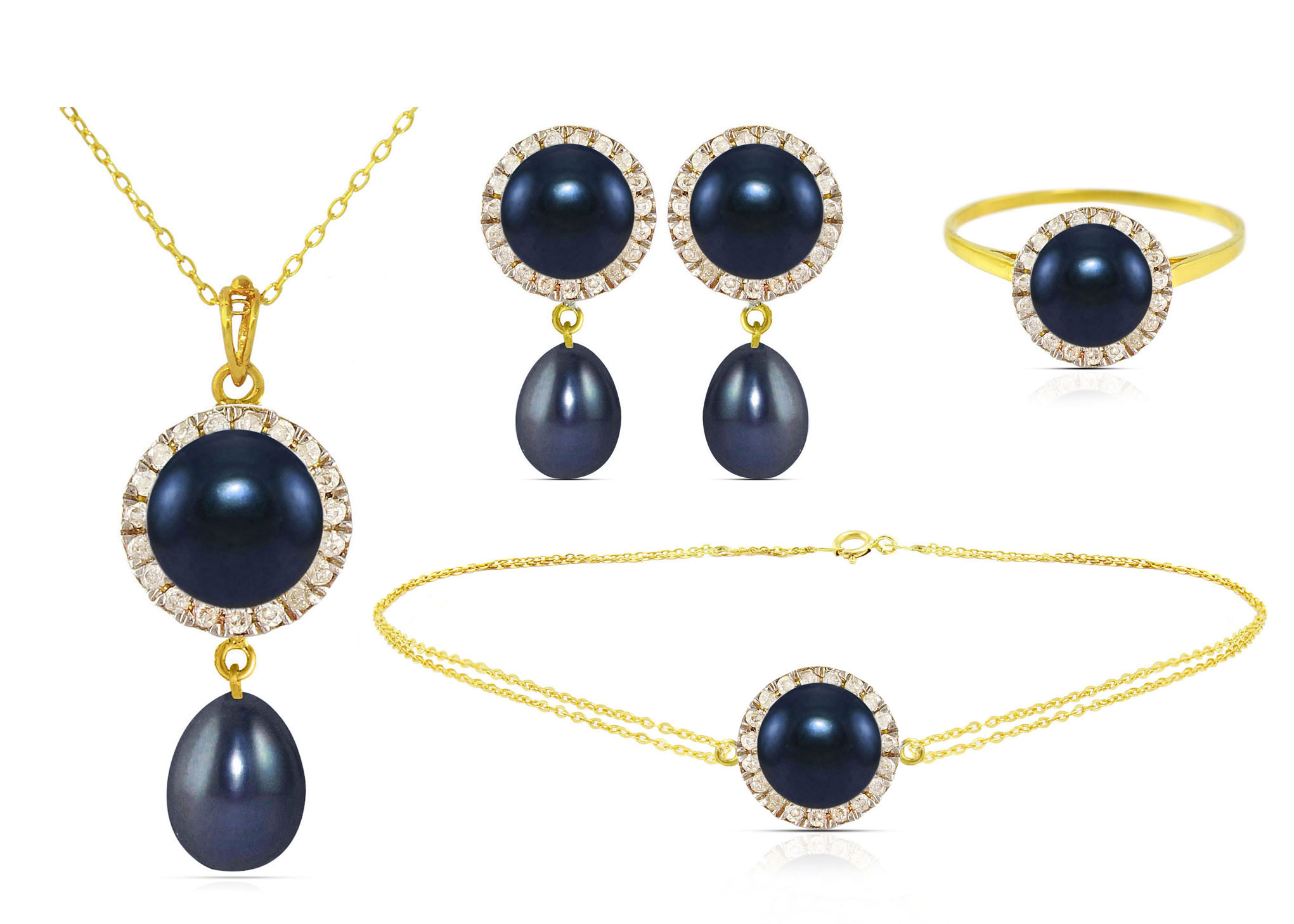 Vera Perla 18K Solid Gold 0.50ct Genuine Diamonds and 6-7mm Black Pearl Jewelry Set,  4 Pcs