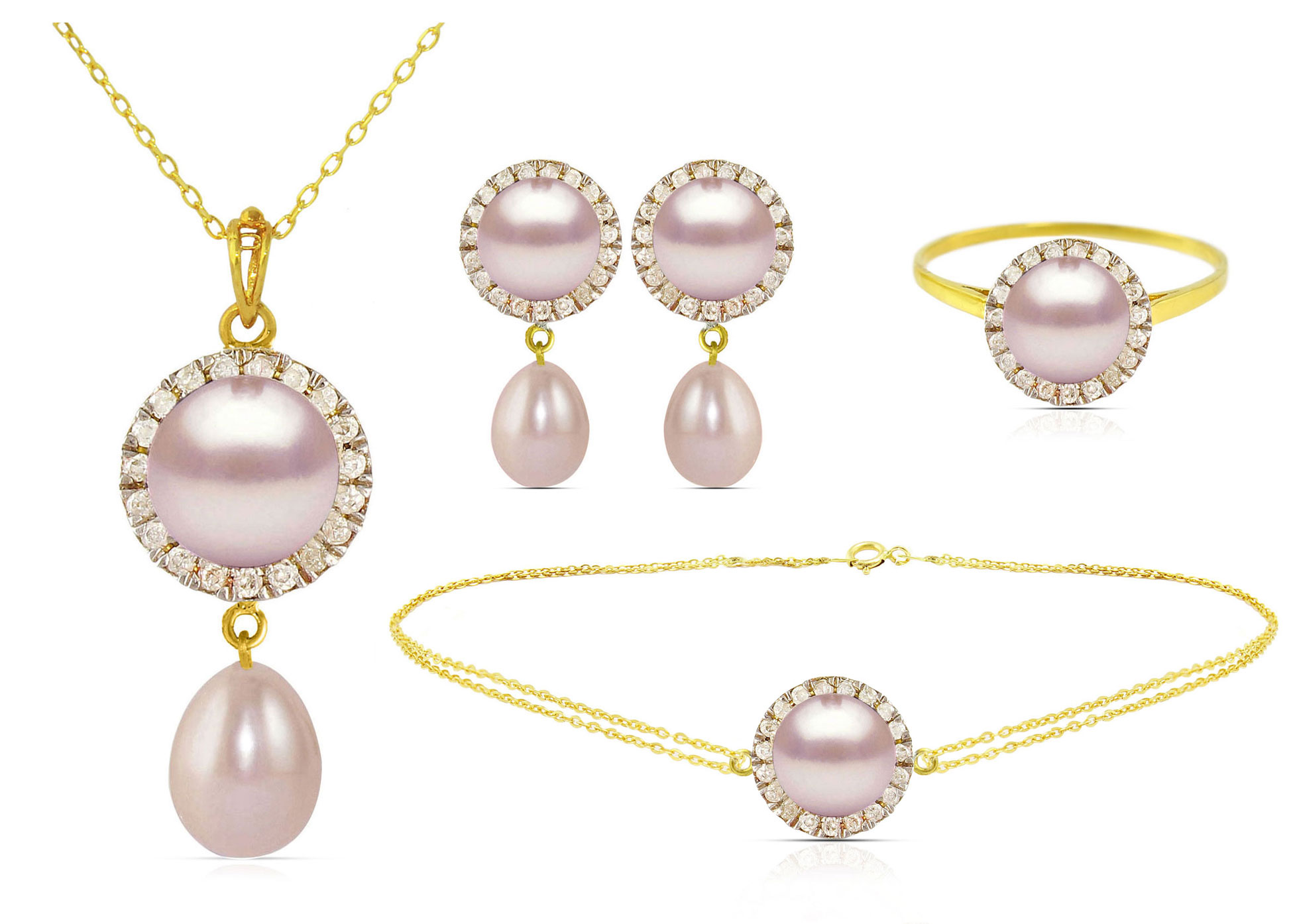 Vera Perla 18K Solid Gold 0.50ct Genuine Diamonds and 6-7mm Purple Pearl Jewelry Set,  4 Pcs