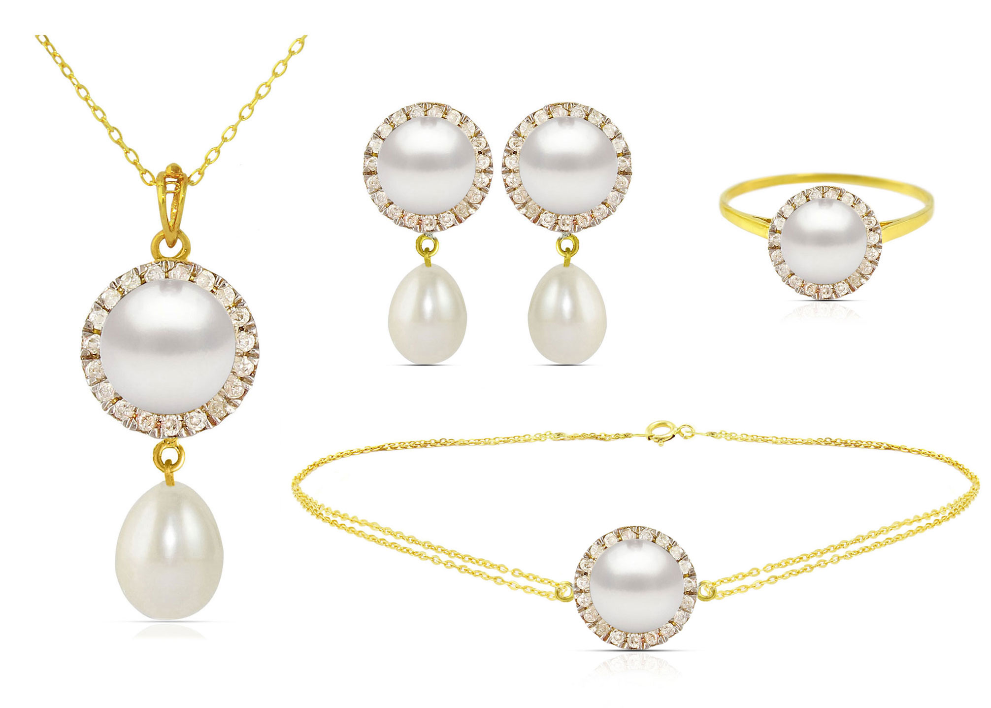 Vera Perla 18K Solid Gold 0.50ct Genuine Diamonds and 6-7mm White Pearl Jewelry Set,  4 Pcs