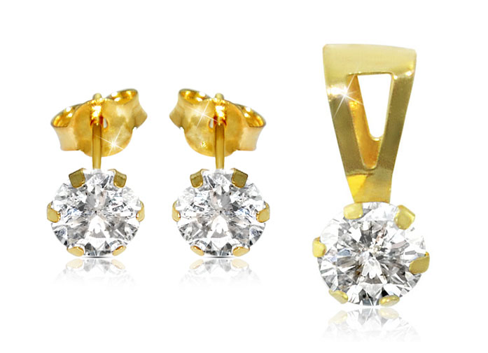 Vera Perla 18K Solid Gold and Cubic Zircon Solitaire Pendant and Earrings