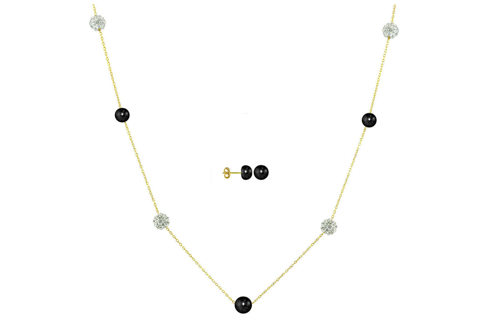 Vera Perla 18K Solid Gold Gradual Built-in 5-6mm Black Pearls and Crystal Ball Jewelry Set - 2 pcs.