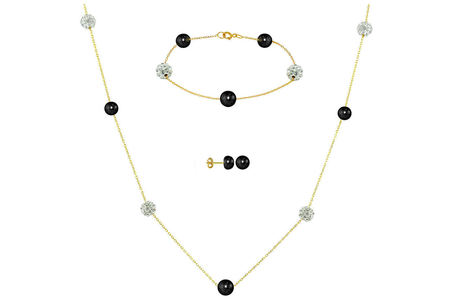 Vera Perla 18K Solid Gold Gradual Built-in 5-6mm Black Pearls and Crystal Ball Jewelry Set - 3 pcs.