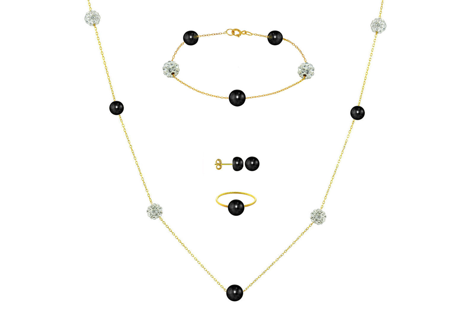 Vera Perla 18K Solid Gold Gradual Built-in 5-6mm Black Pearls and Crystal Ball Jewelry Set - 4 pcs.