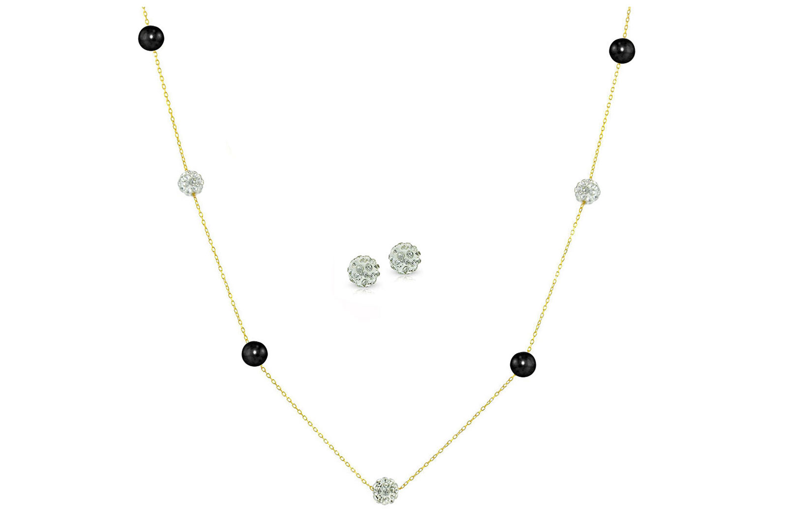 Vera Perla 18K Solid Gold Gradual Built-in 5-6mm Crystal Ball and Black Pearls Jewelry Set - 2 pcs.