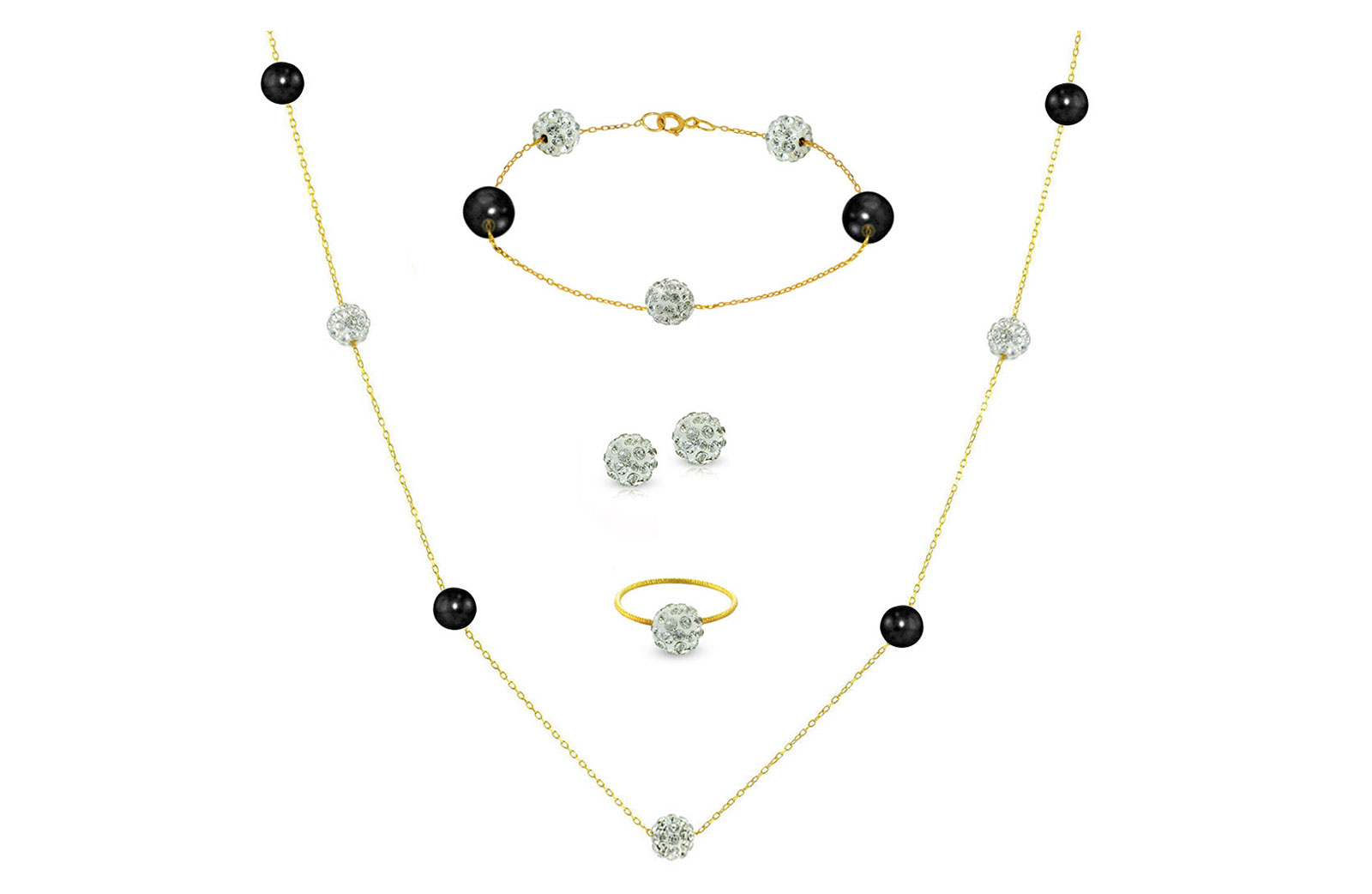 Vera Perla 18K Solid Gold Gradual Built-in 5-6mm Crystal Ball and Black Pearls Jewelry Set - 4 pcs.