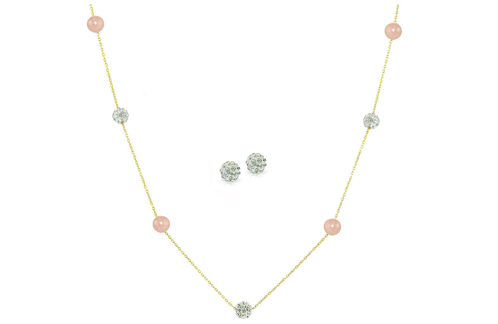 Vera Perla 18K Solid Gold Gradual Built-in 5-6mm Crystal Ball and Pink Pearls Jewelry Set - 2 pcs.