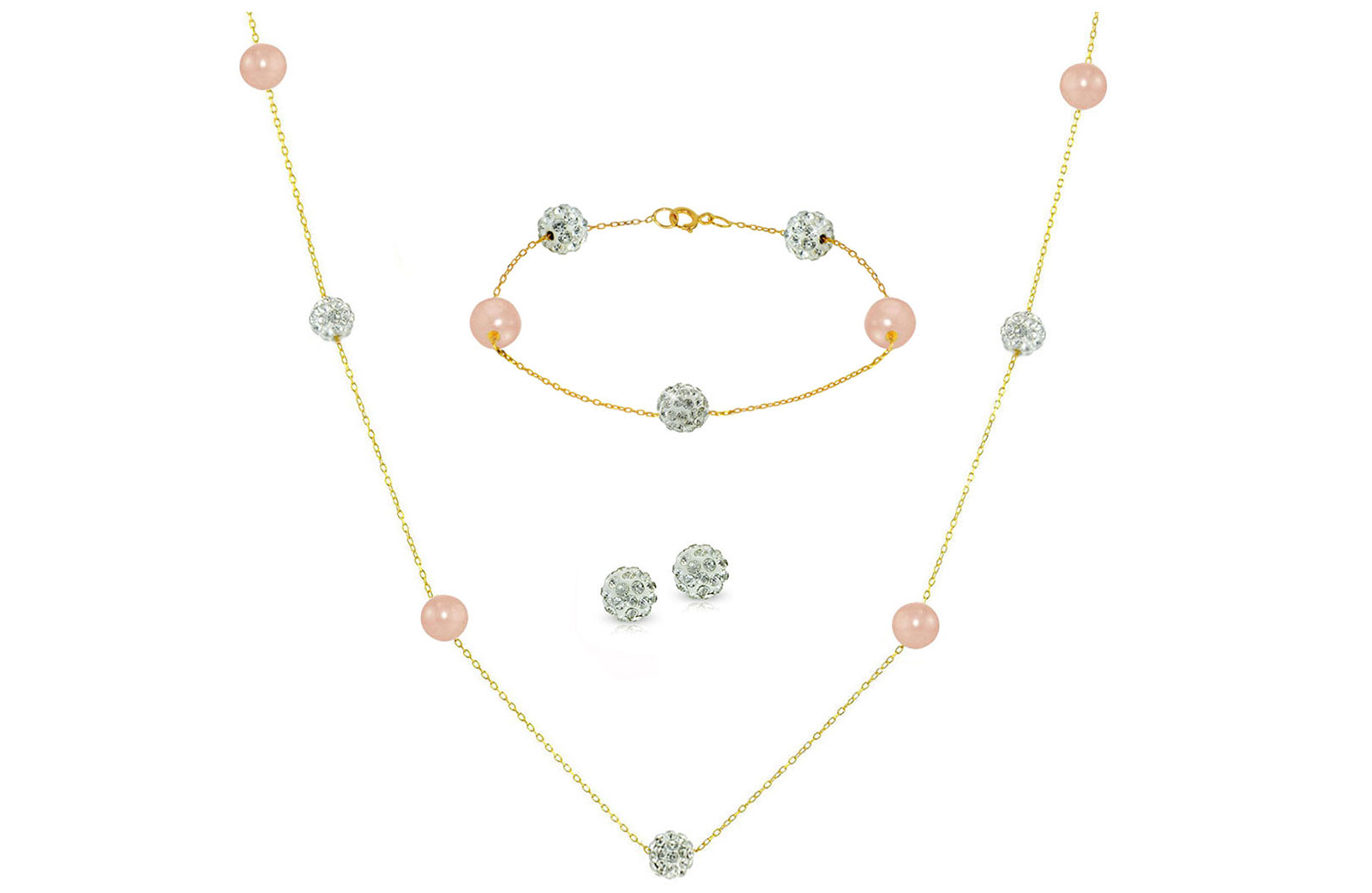 Vera Perla 18K Solid Gold Gradual Built-in 5-6mm Crystal Ball and Pink Pearls Jewelry Set - 3 pcs.