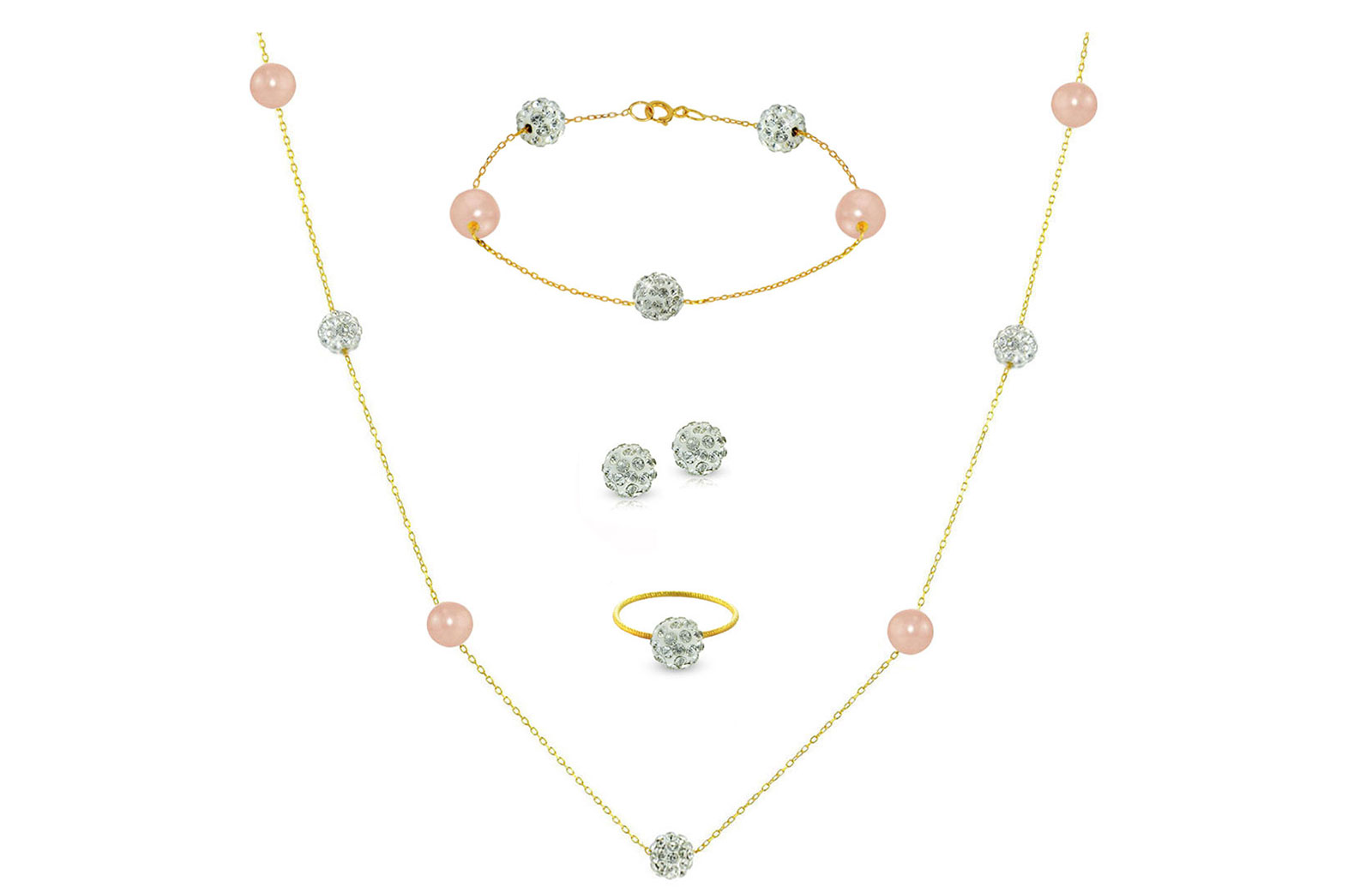 Vera Perla 18K Solid Gold Gradual Built-in 5-6mm Crystal Ball and Pink Pearls Jewelry Set - 4 pcs.