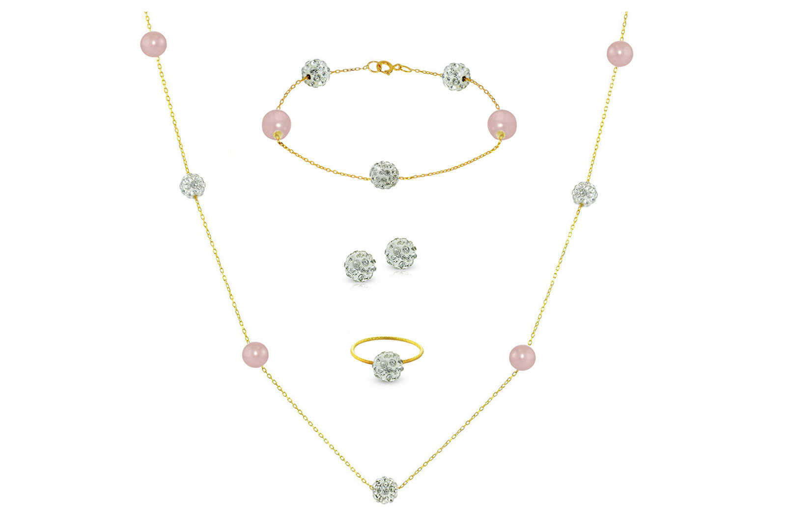 Vera Perla 18K Solid Gold Gradual Built-in 5-6mm Crystal Ball and Purple Pearls Jewelry Set - 4 pcs.