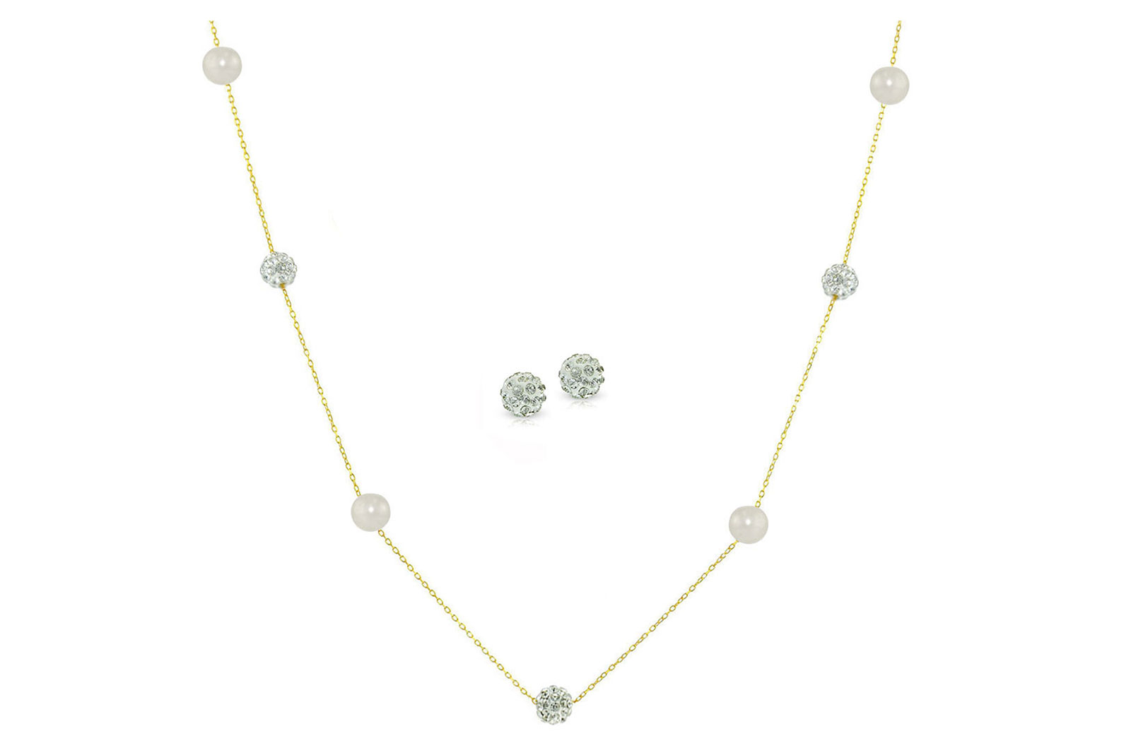 Vera Perla 18K Solid Gold Gradual Built-in 5-6mm Crystal Ball and White Pearls Jewelry Set - 2 pcs.