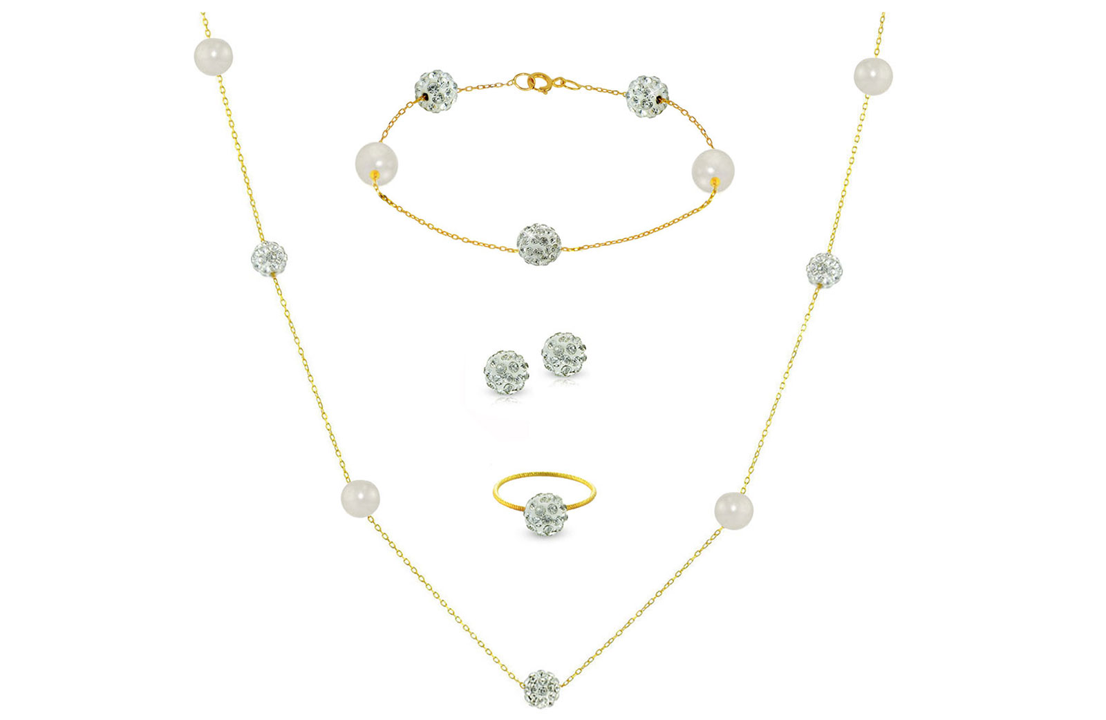 Vera Perla 18K Solid Gold Gradual Built-in 5-6mm Crystal Ball and White Pearls Jewelry Set - 4 pcs.