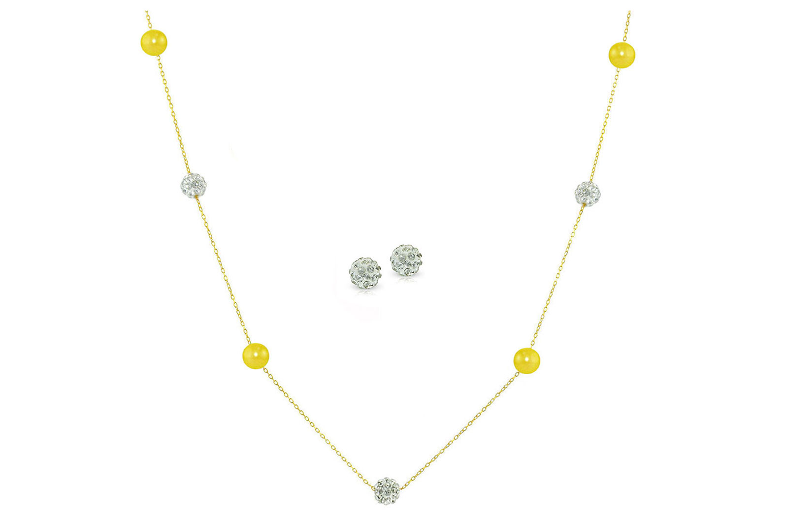 Vera Perla 18K Solid Gold Gradual Built-in 5-6mm Crystal Ball and Yellow Pearls Jewelry Set - 2 pcs.