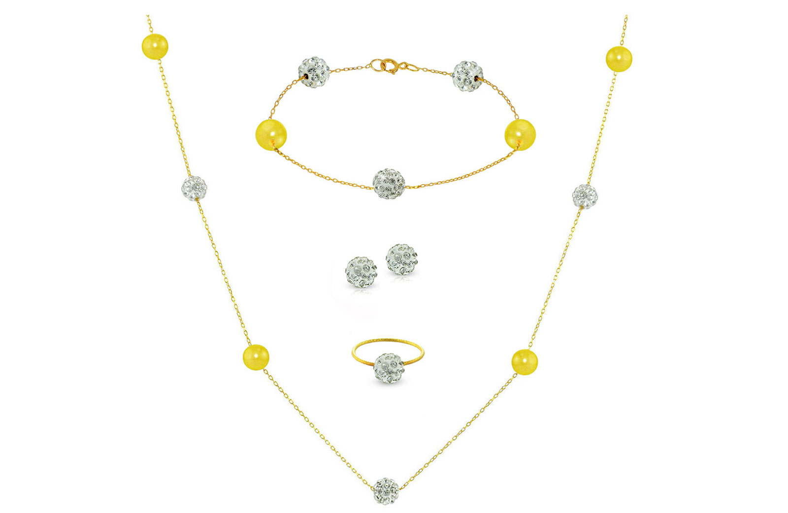 Vera Perla 18K Solid Gold Gradual Built-in 5-6mm Crystal Ball and Yellow Pearls Jewelry Set - 4 pcs.