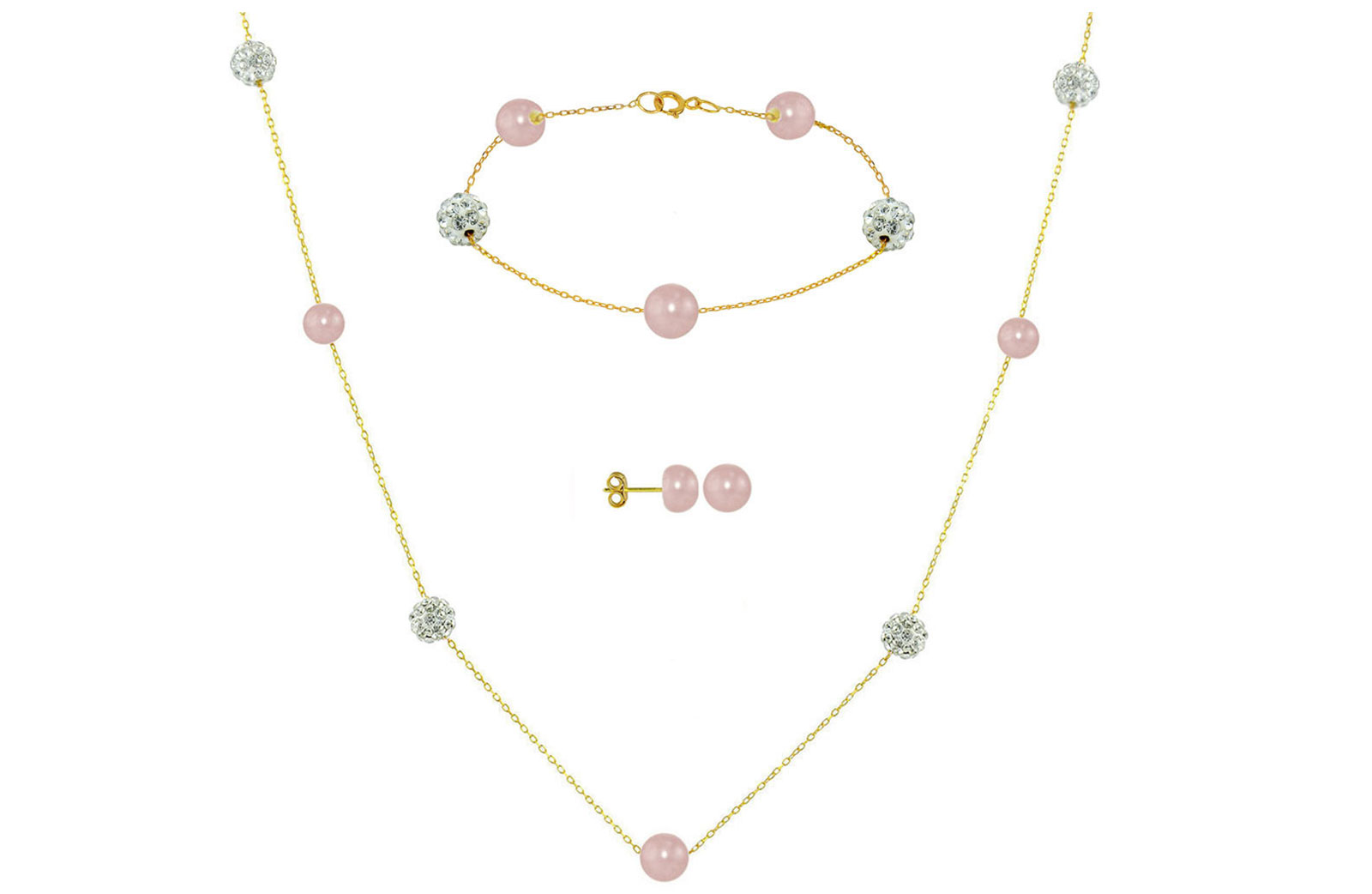 Vera Perla 18K Solid Gold Gradual Built-in 5-6mm Purple Pearls and Crystal Ball Jewelry Set - 3 pcs.