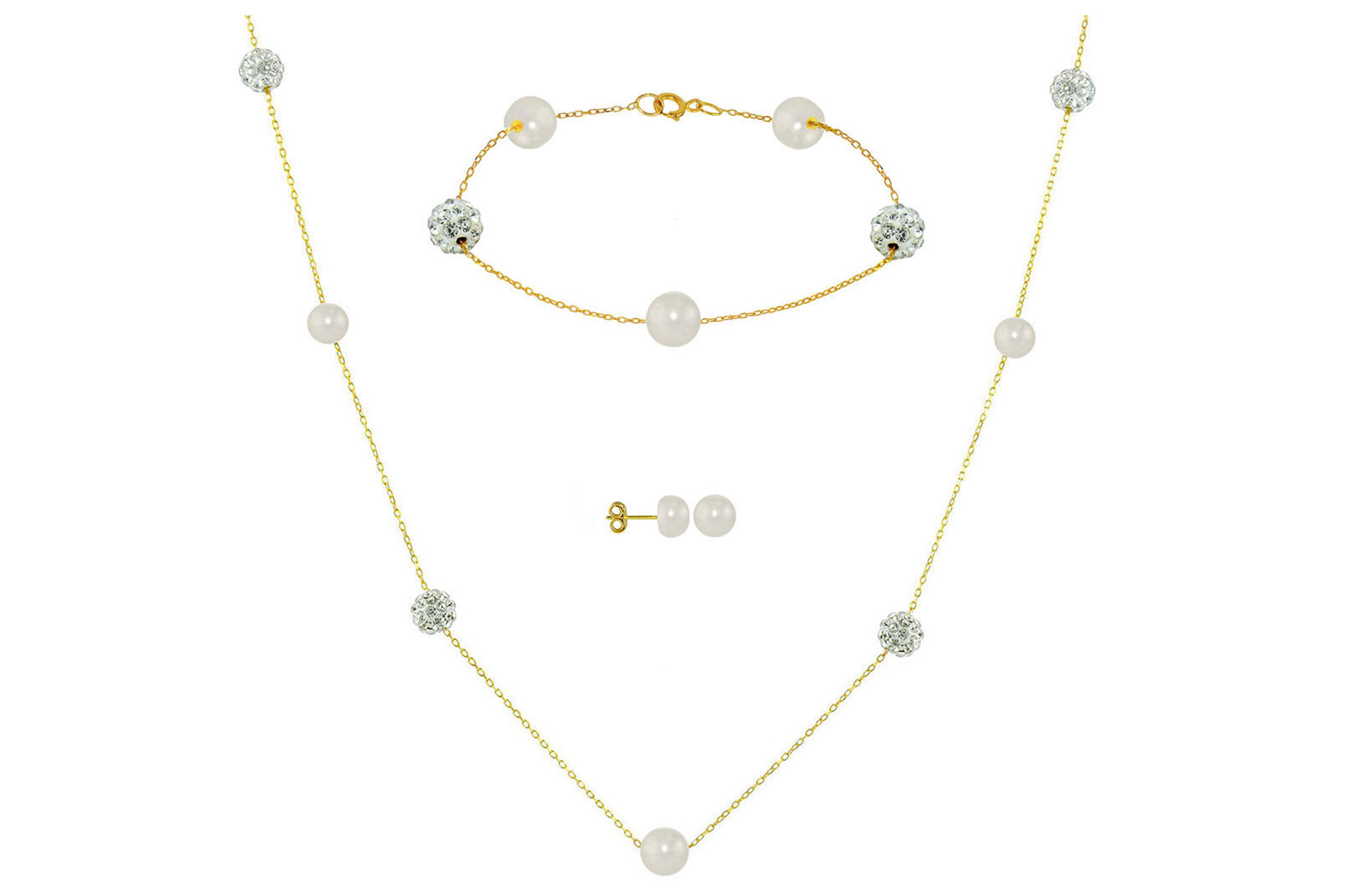 Vera Perla 18K Solid Gold Gradual Built-in 5-6mm White Pearls and Crystal Ball Jewelry Set - 3 pcs.