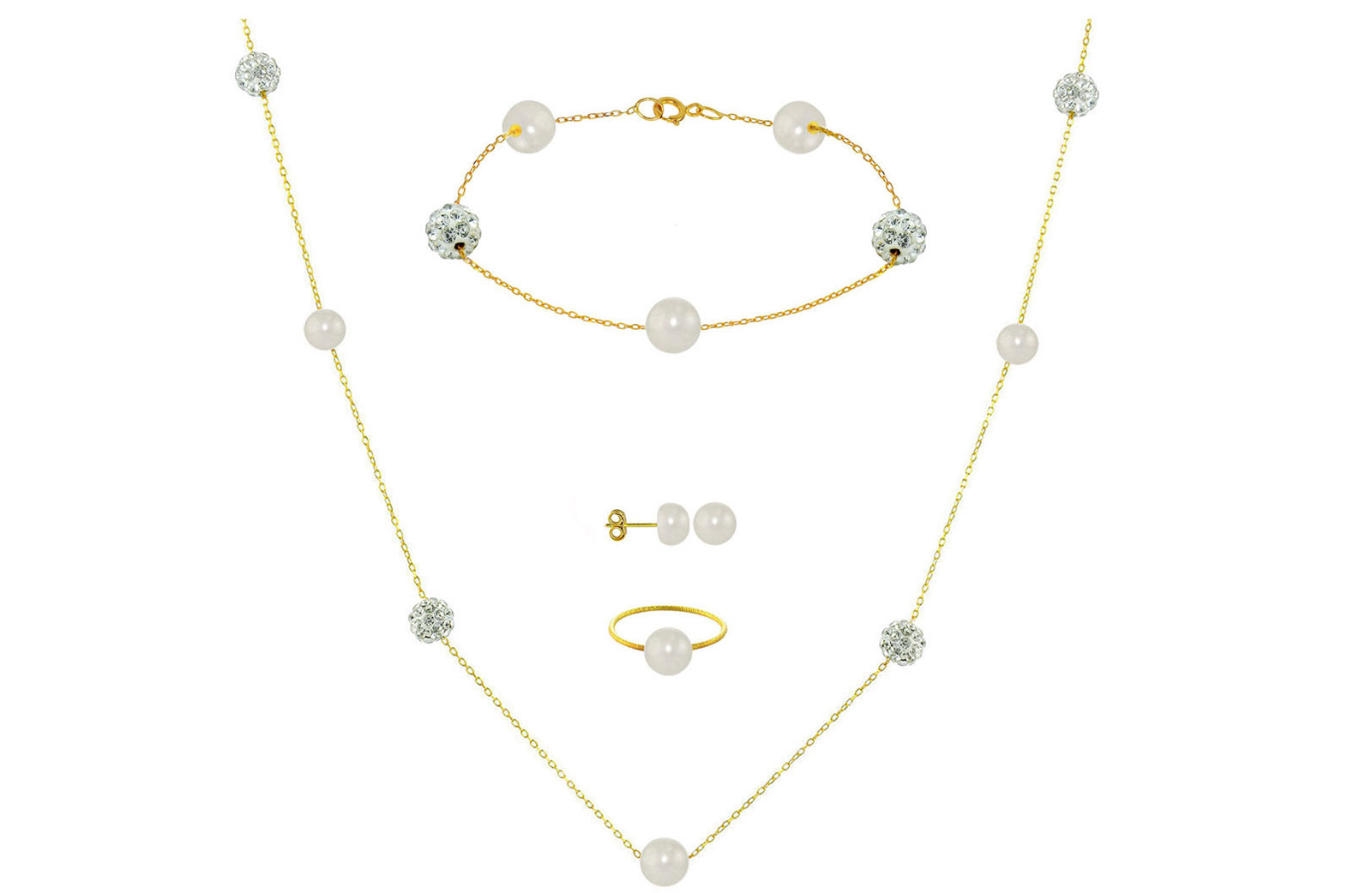 Vera Perla 18K Solid Gold Gradual Built-in 5-6mm White Pearls and Crystal Ball Jewelry Set - 4 pcs.