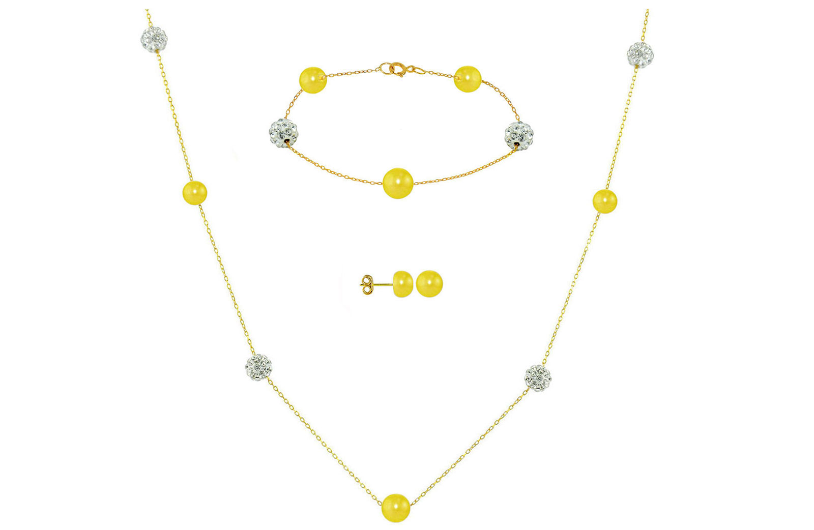 Vera Perla 18K Solid Gold Gradual Built-in 5-6mm Yellow Pearls and Crystal Ball Jewelry Set - 3 pcs.