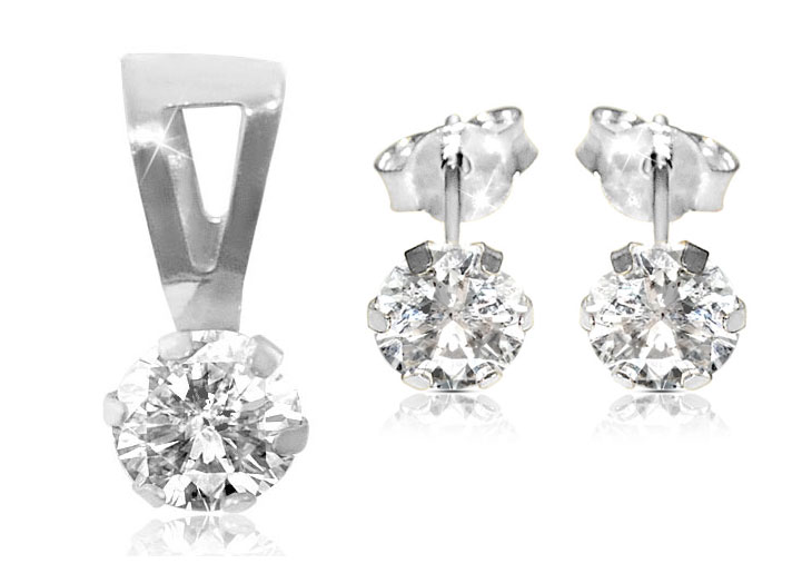 Vera Perla 18K White Gold and Cubic Zircon Solitaire Pendant and Earrings