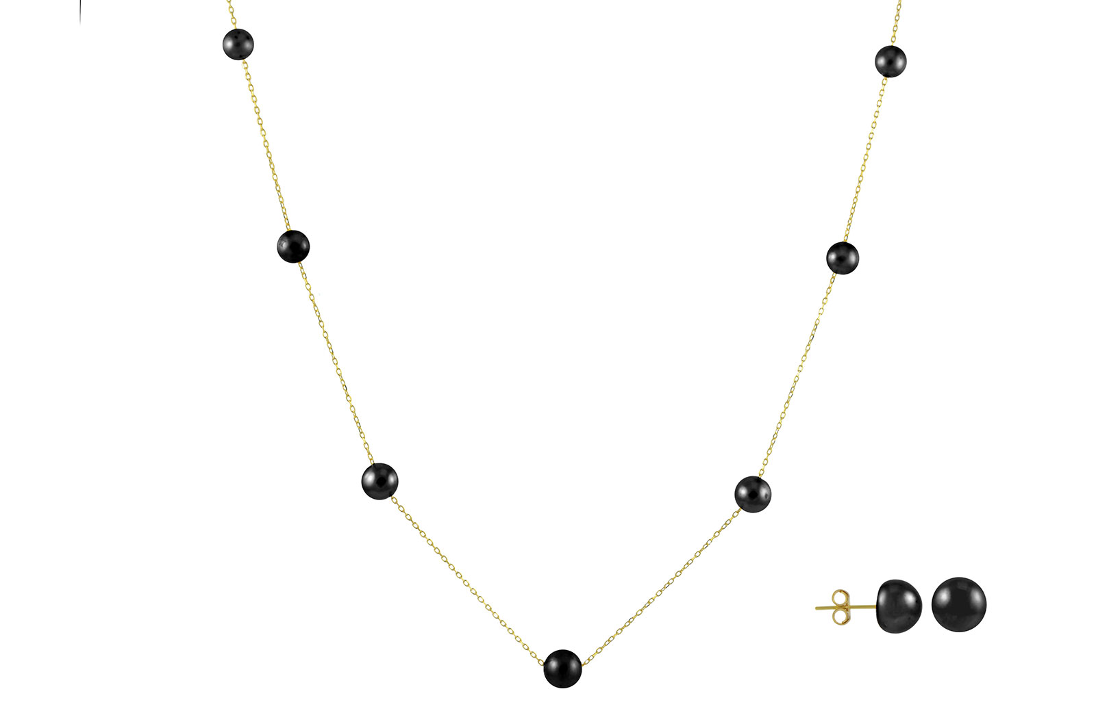 VP Jewels 18K Solid Gold 5-7MM Gradual  Built-in Black Pearl Necklace + 18K Gold 7MM Pearl Earrings