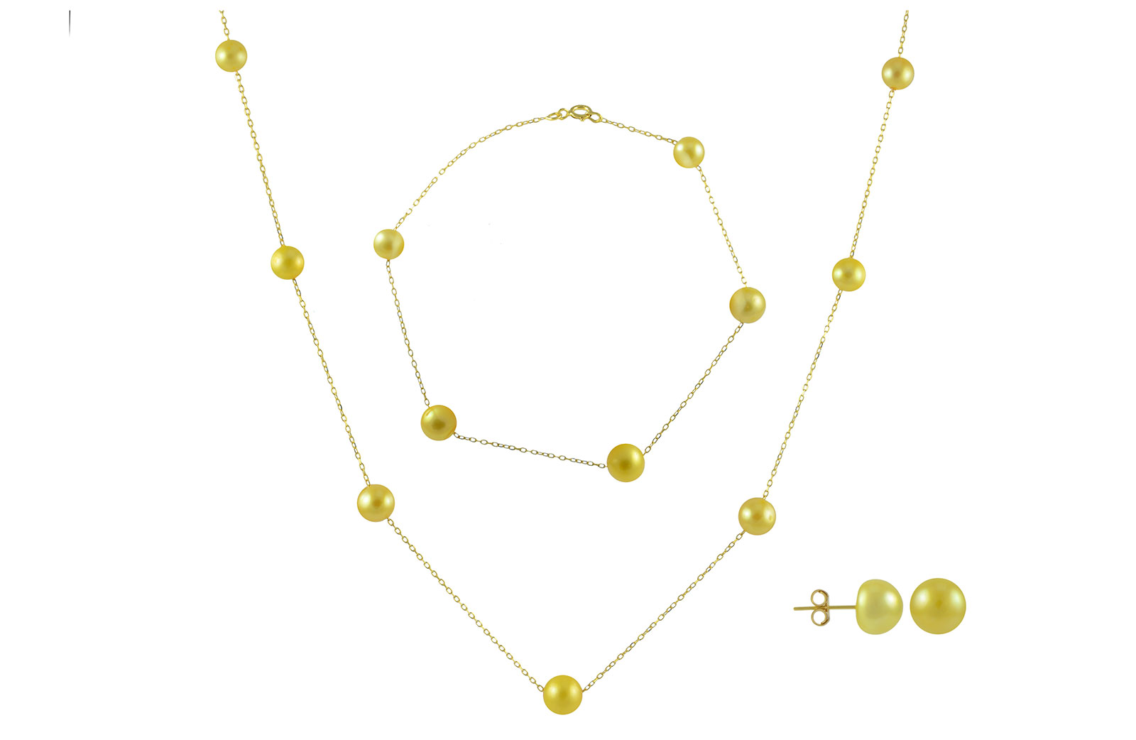 VP Jewels 18K Solid Gold 5-7MM Gradual  Built-in Gold- Yellow Pearl Necklace + 18K Gold 7MM Pearl Earrings + Bracelet 