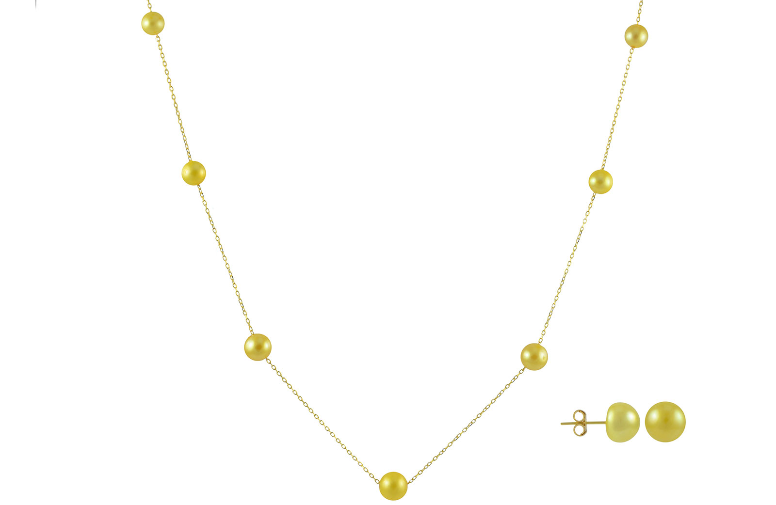 VP Jewels 18K Solid Gold 5-7MM Gradual  Built-in Gold- Yellow Pearl Necklace + 18K Gold 7MM Pearl Earrings