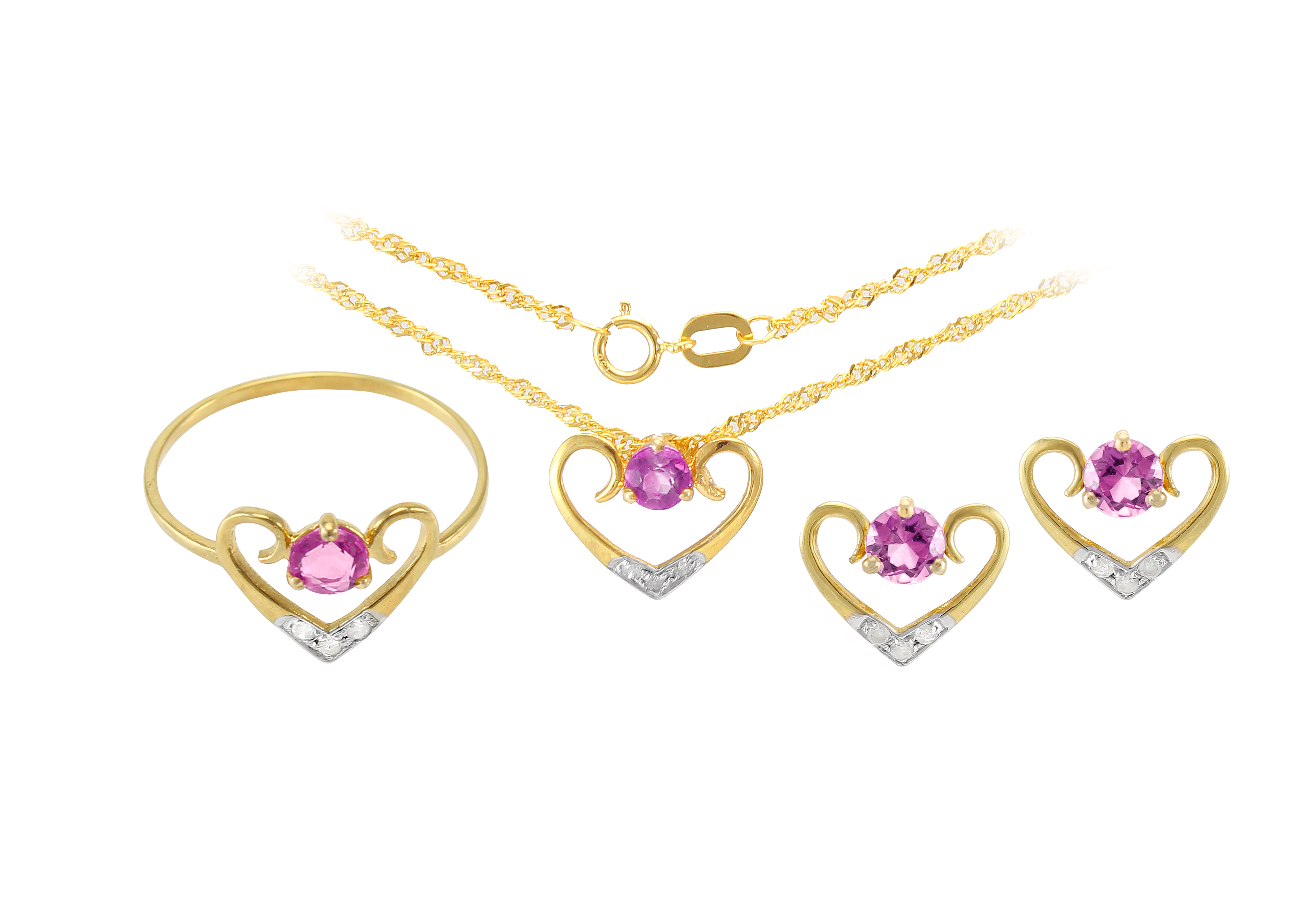 VP Jewels: 18K Solid Yellow Gold 0.12CT Genuine Diamonds  and 4mm Amethyst   Heart Jewelry Set