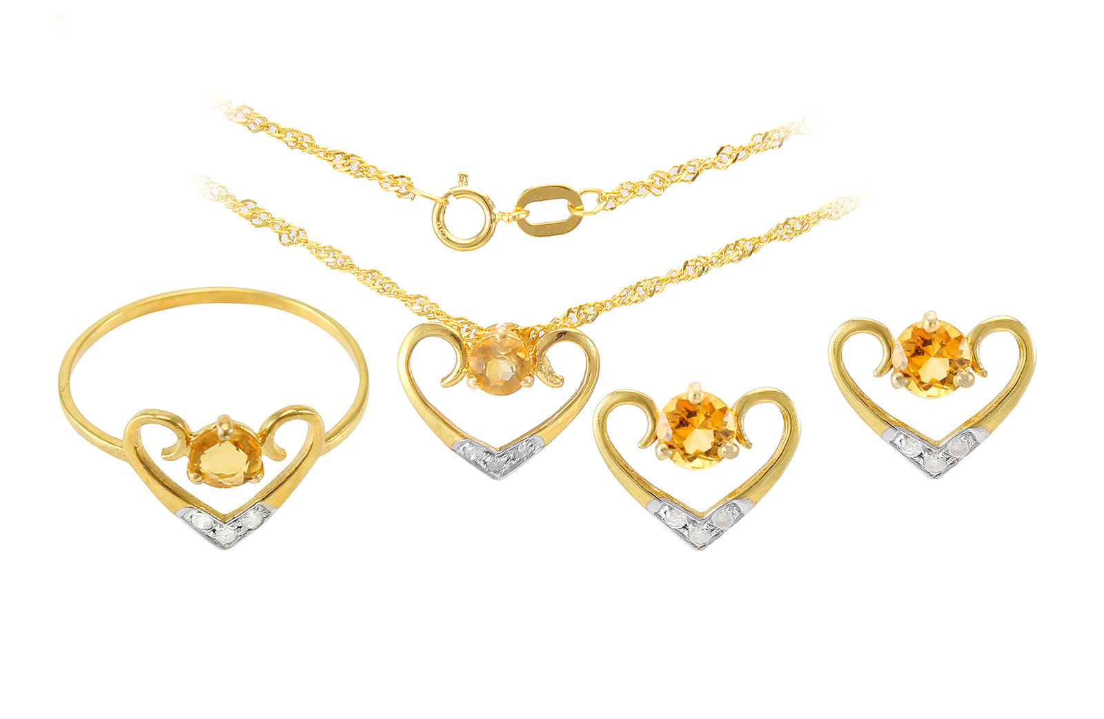 VP Jewels: 18K Solid Yellow Gold 0.12CT Genuine Diamonds  and 4mm Citrine   Heart Jewelry Set